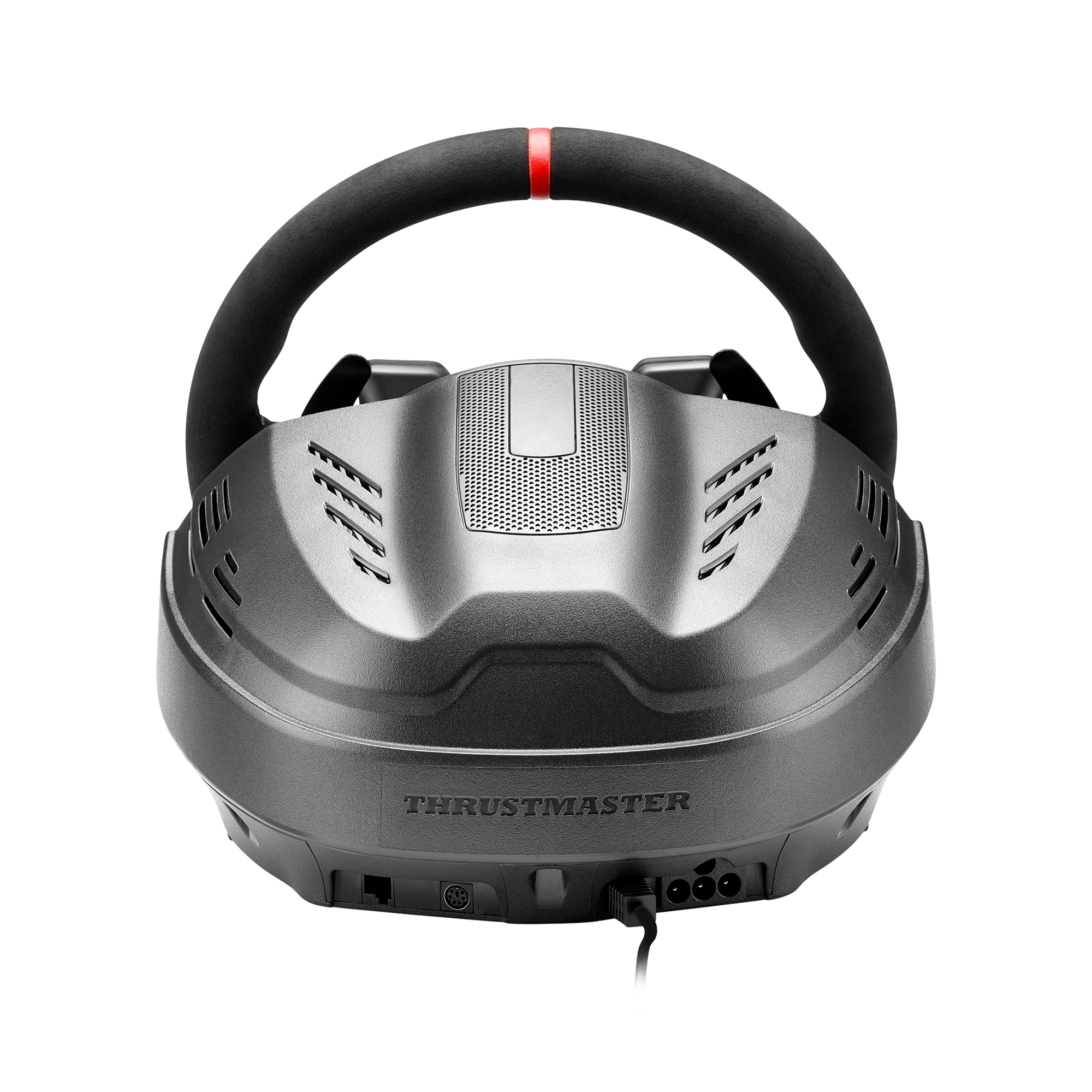 Un volant de course Thrustmaster noir et gris. Le volant a une bande rouge en haut et est sur fond blanc.