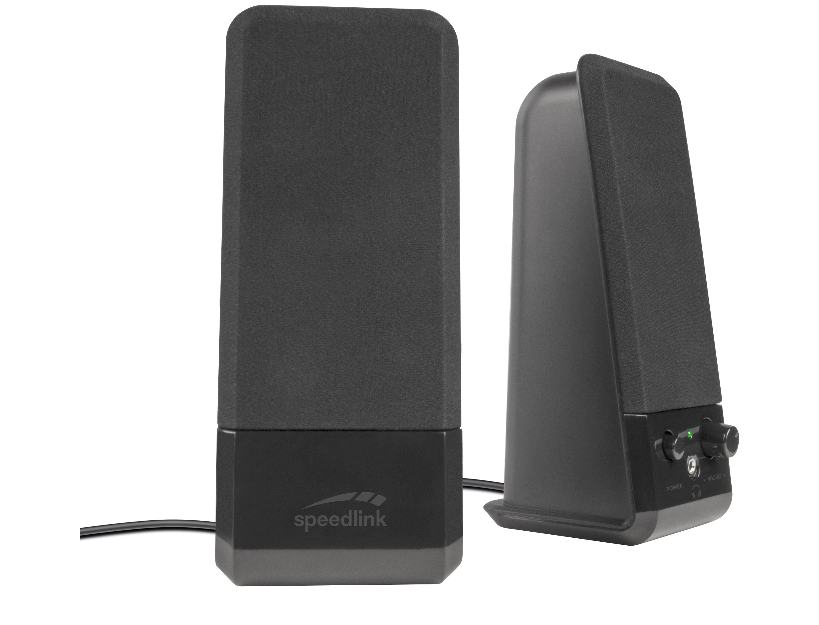 Two black speakers with a dark grey base and silver trim. One angled to the side.