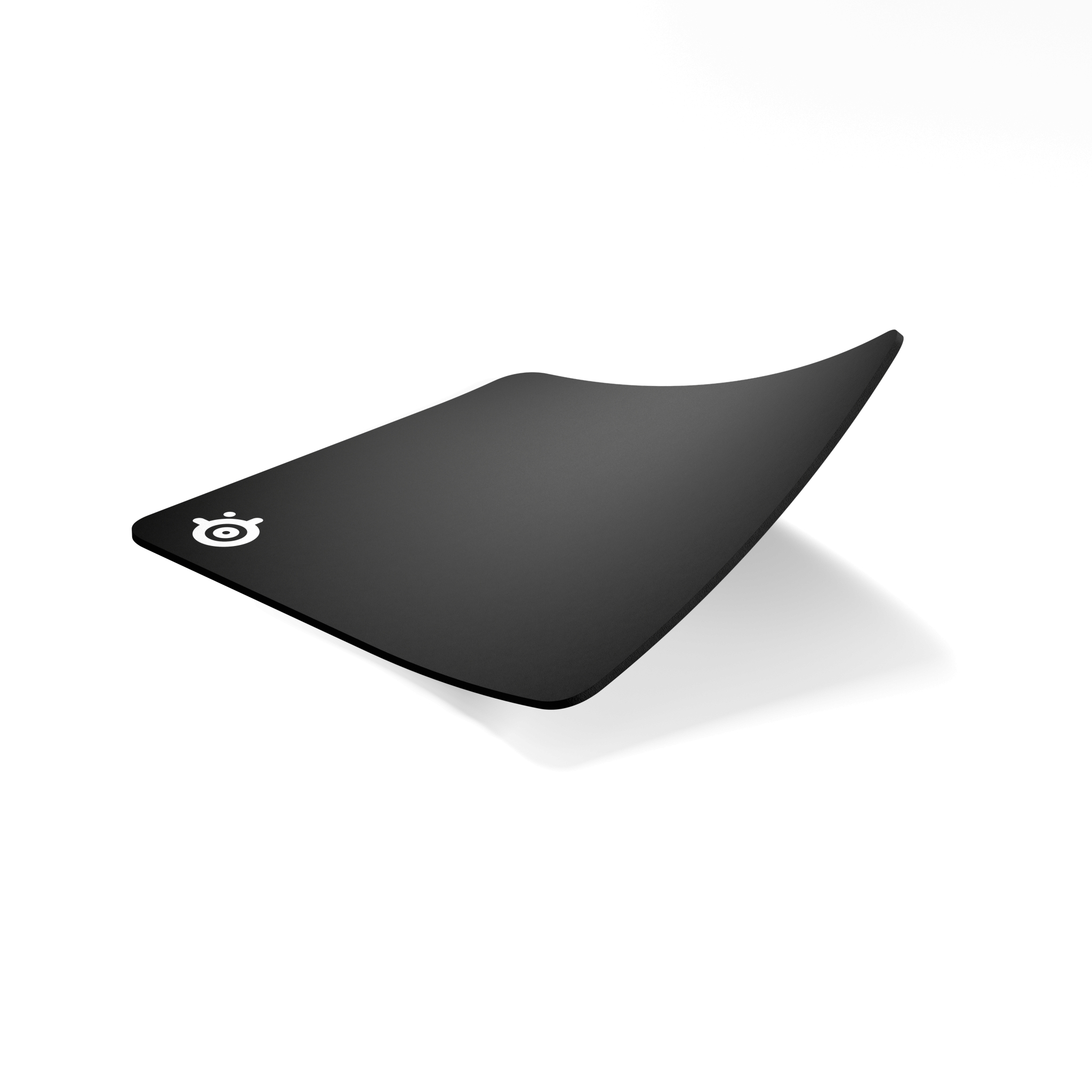 Black mousepad with white logo at the bottom left corner, curved at the top.