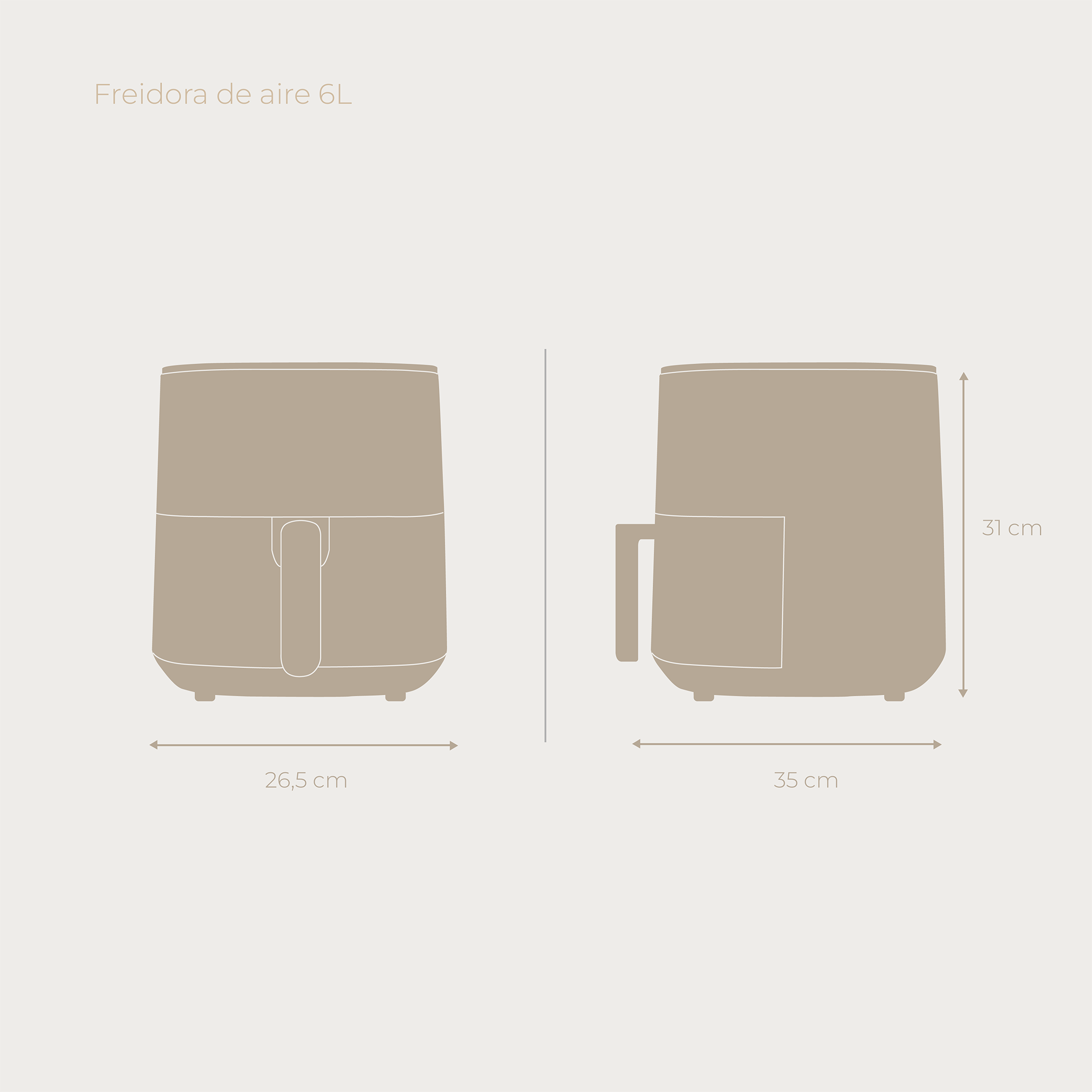 Diagramma di una friggitrice ad aria. Mostra viste frontali e laterali con dimensioni in cm.