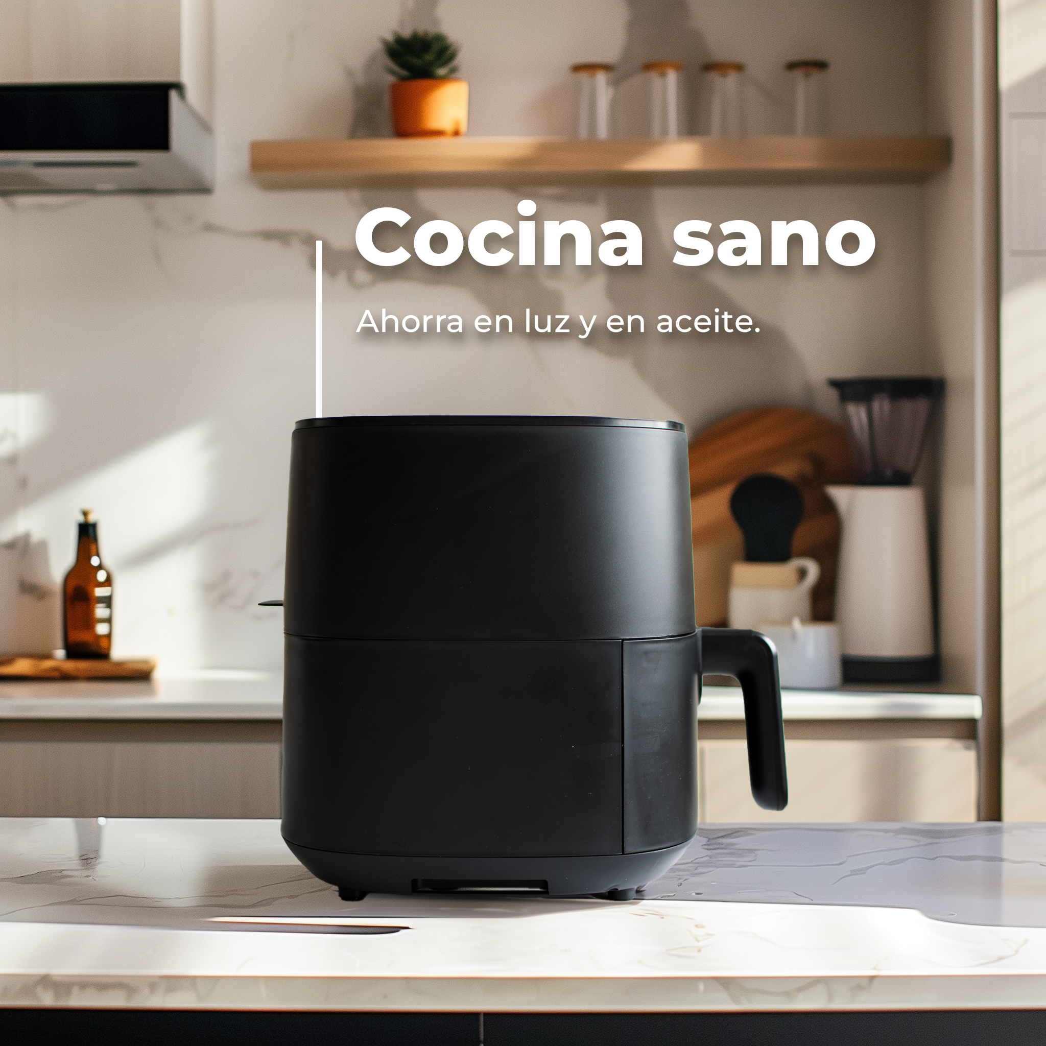 Friggitrice ad aria nera su un bancone con testo in spagnolo: 'Cucina sano, risparmia luce e olio'.