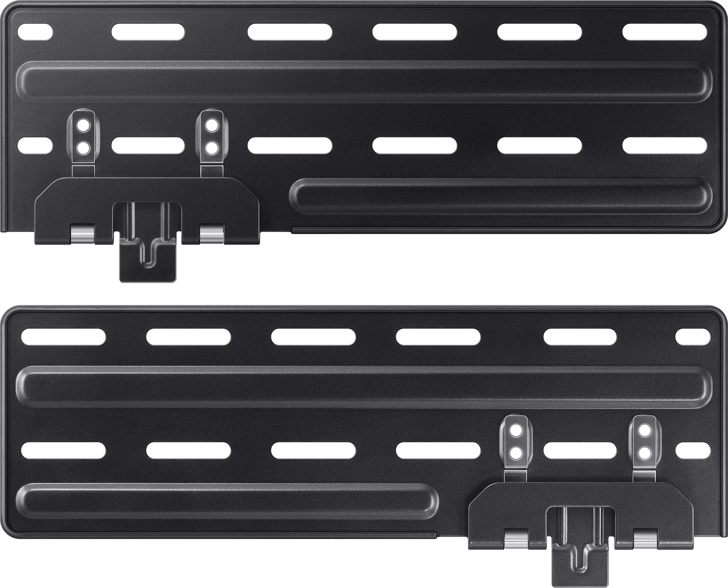 Dwa czarne uchwyty do montażu telewizora. Uchwyty są na białym tle.