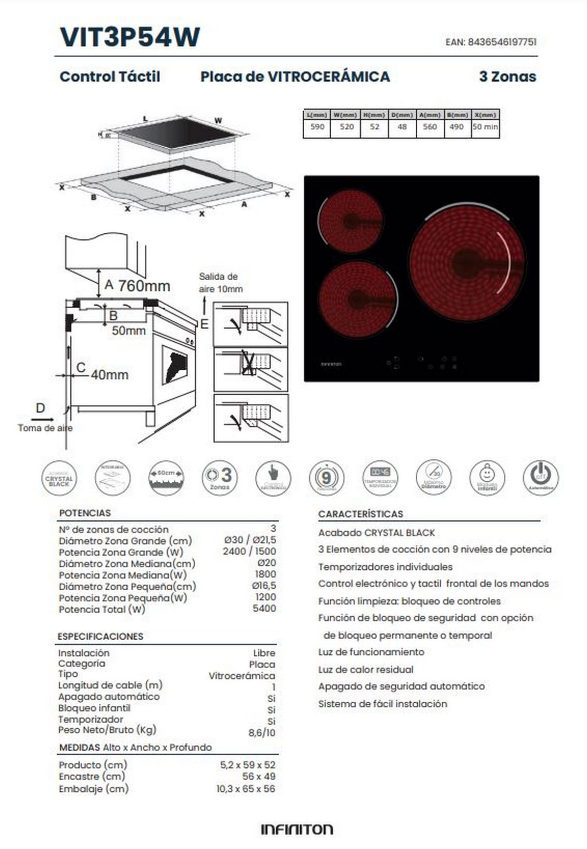 Diagrama de una encimera de inducción negra y roja con panel de control y especificaciones.