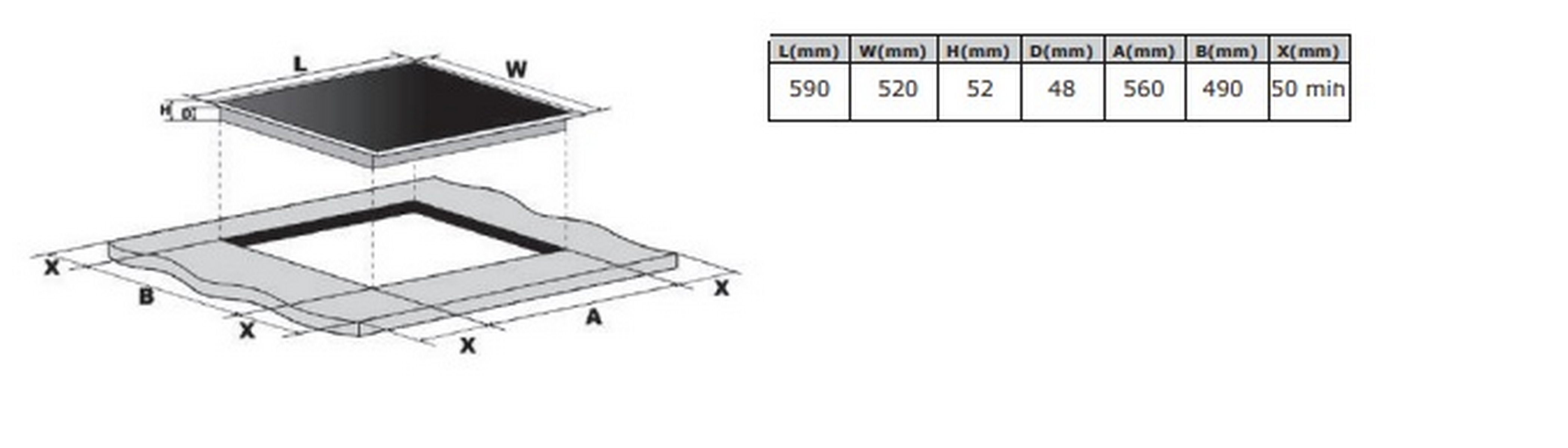 Diagrama de una placa de inducción con dimensiones. La placa se muestra desde arriba y en una vista lateral.