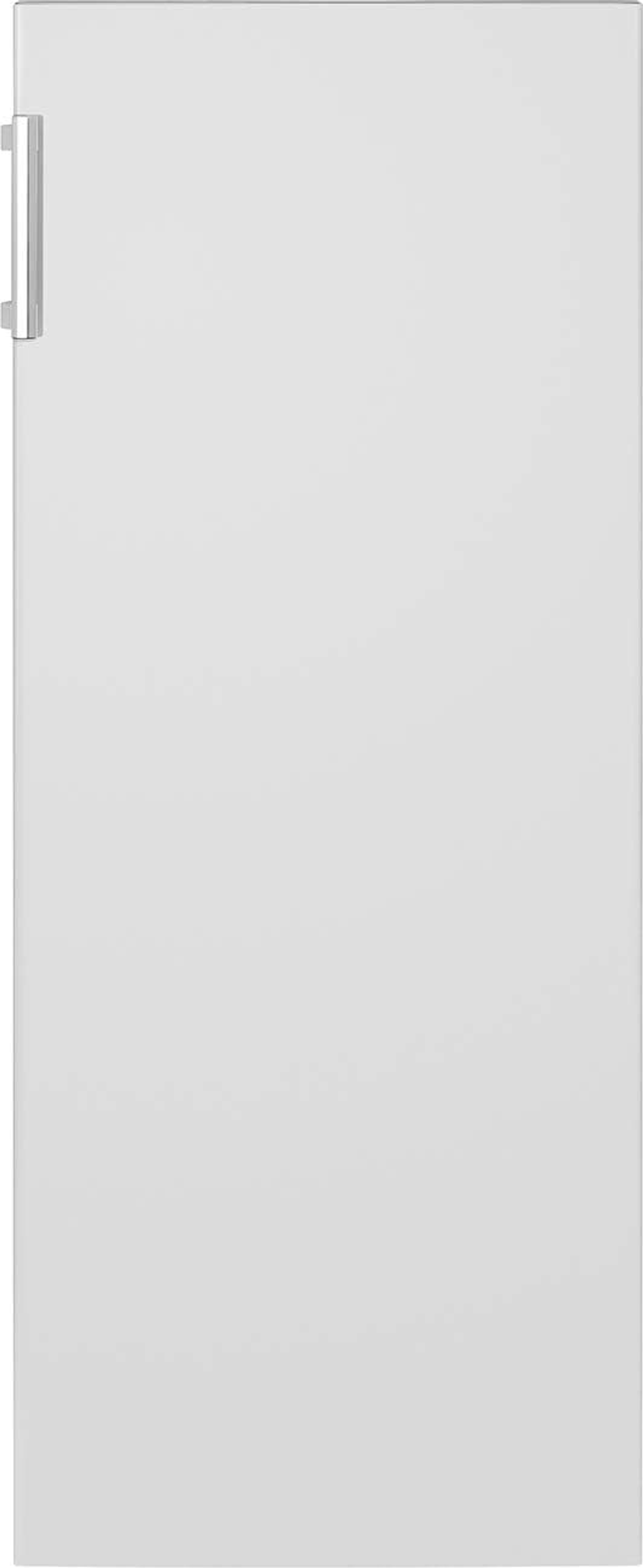 Weißer Kühlschrank. Der Kühlschrank hat eine einzelne Tür, einen silbernen Griff und steht vor weißem Hintergrund.