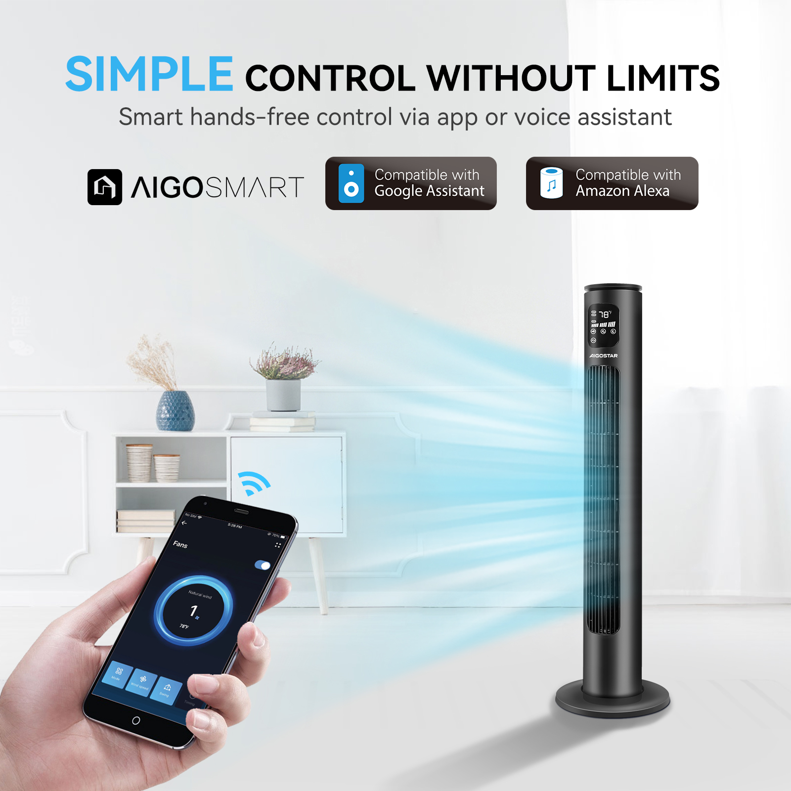 Un ventilador de pie negro es controlado por un teléfono. El ventilador tiene una pantalla digital y funciones inteligentes.