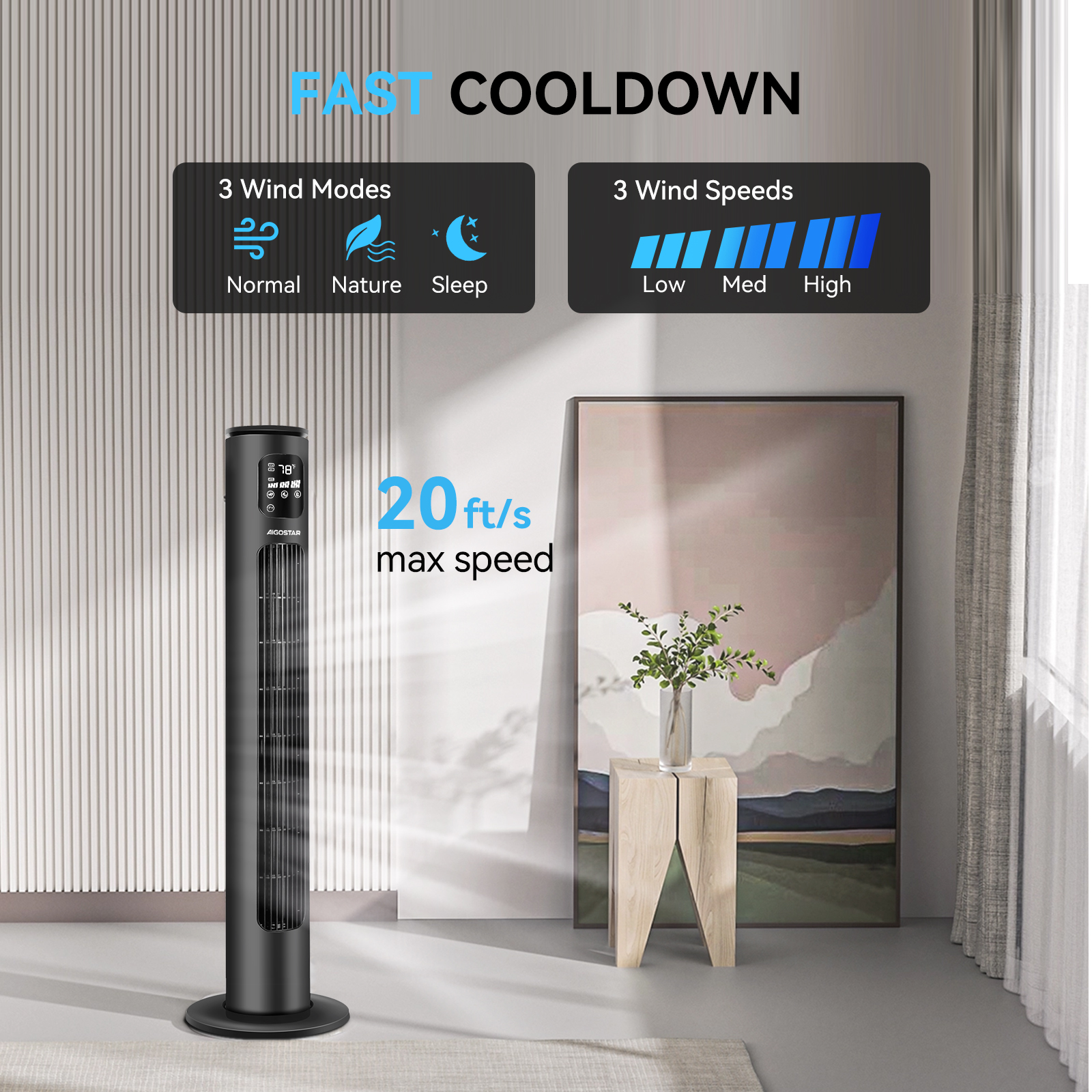 Ventilador de torre negro con panel de control y visualización de modos y velocidades del viento, cerca de un cuadro.