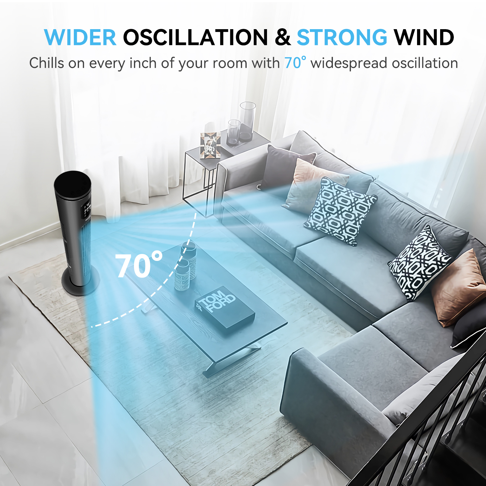 Salón con ventilador, sofá, mesa de centro y escaleras.