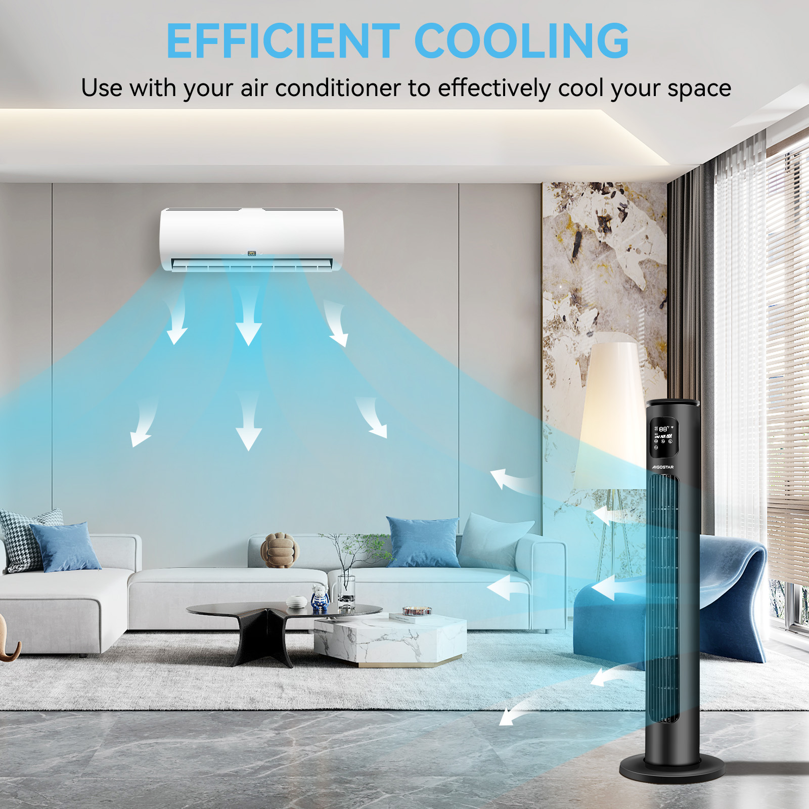 Aire acondicionado y ventilador de torre en sala. Flechas indican flujo de aire.