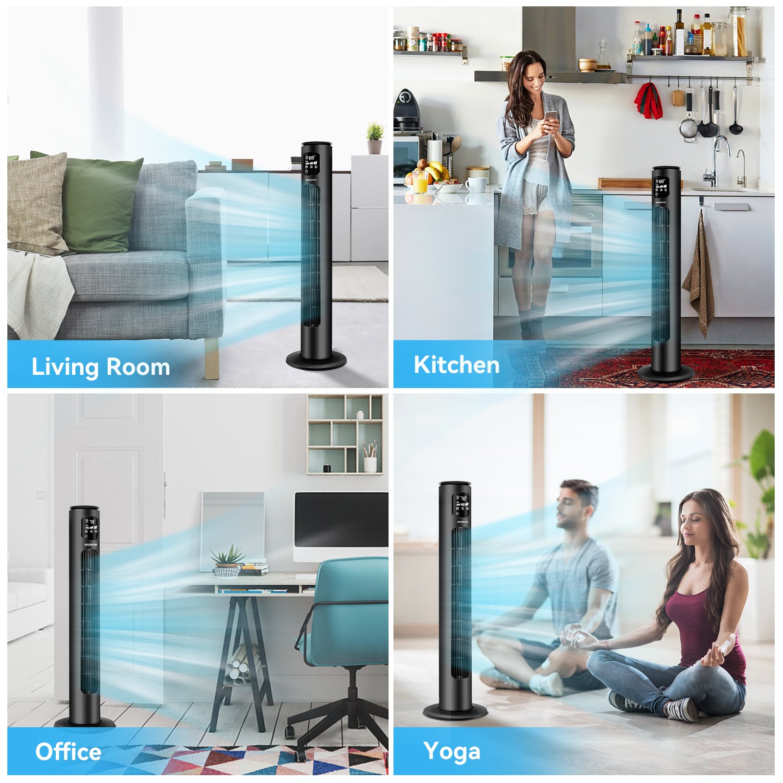 Cuatro imágenes que muestran un ventilador de torre negro en diferentes entornos: sala de estar, cocina, oficina, yoga.