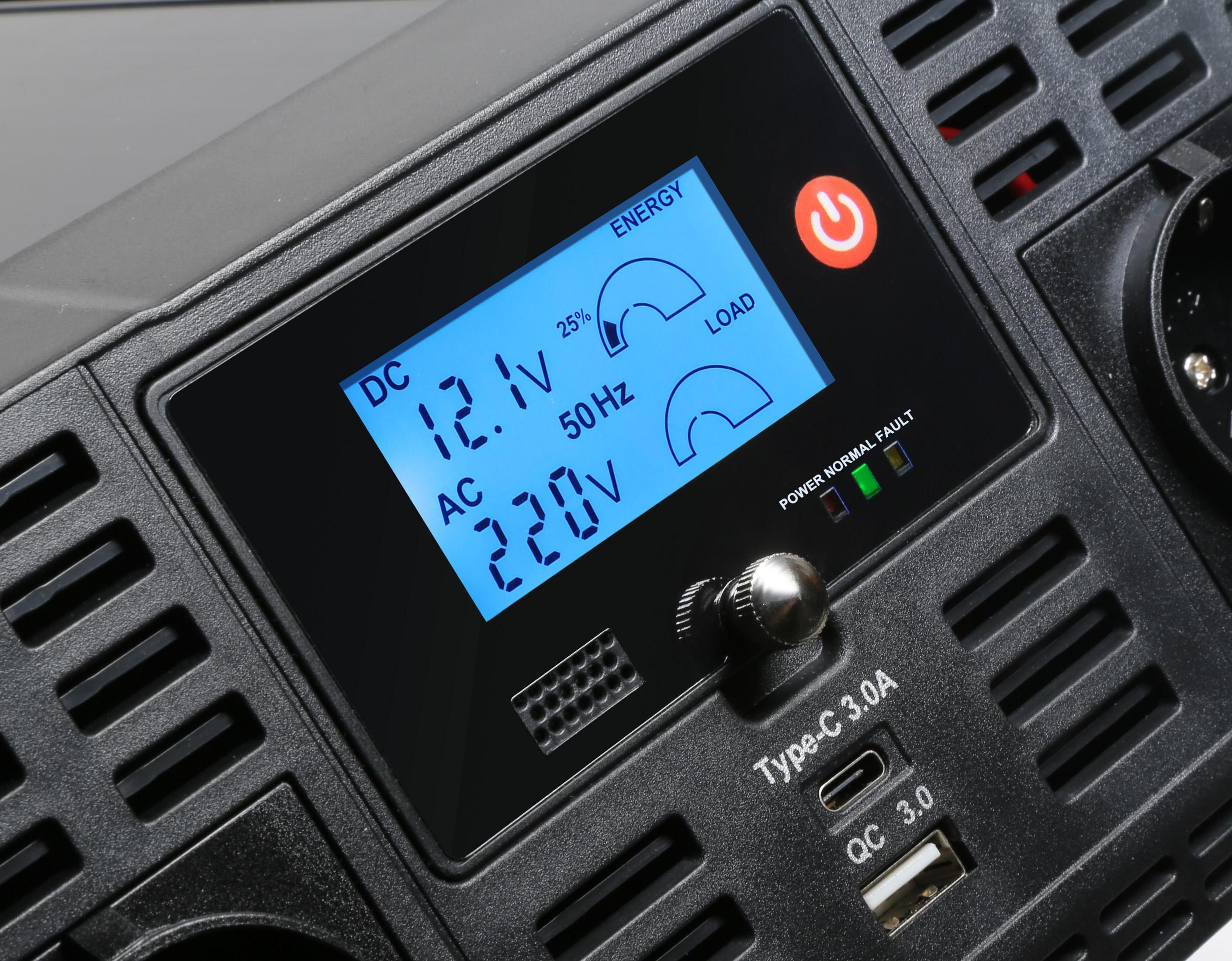 Zbliżenie czarnego wyświetlacza elektrowni. Pokazuje napięcie, częstotliwość, obciążenie i poziomy energii.