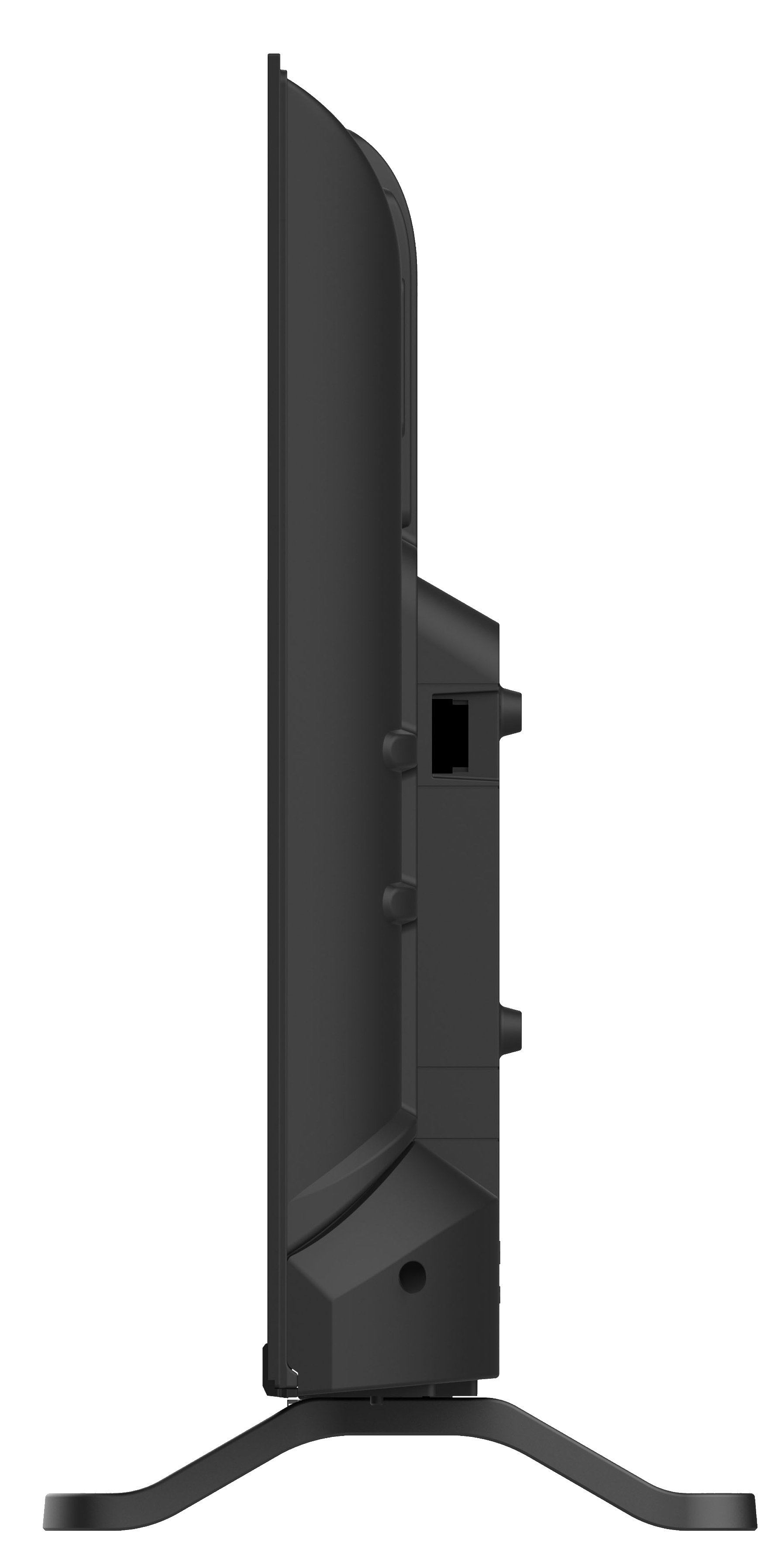 Televisor de pantalla plana negro en vista de perfil. Soporte visible. Diseño limpio y sencillo.