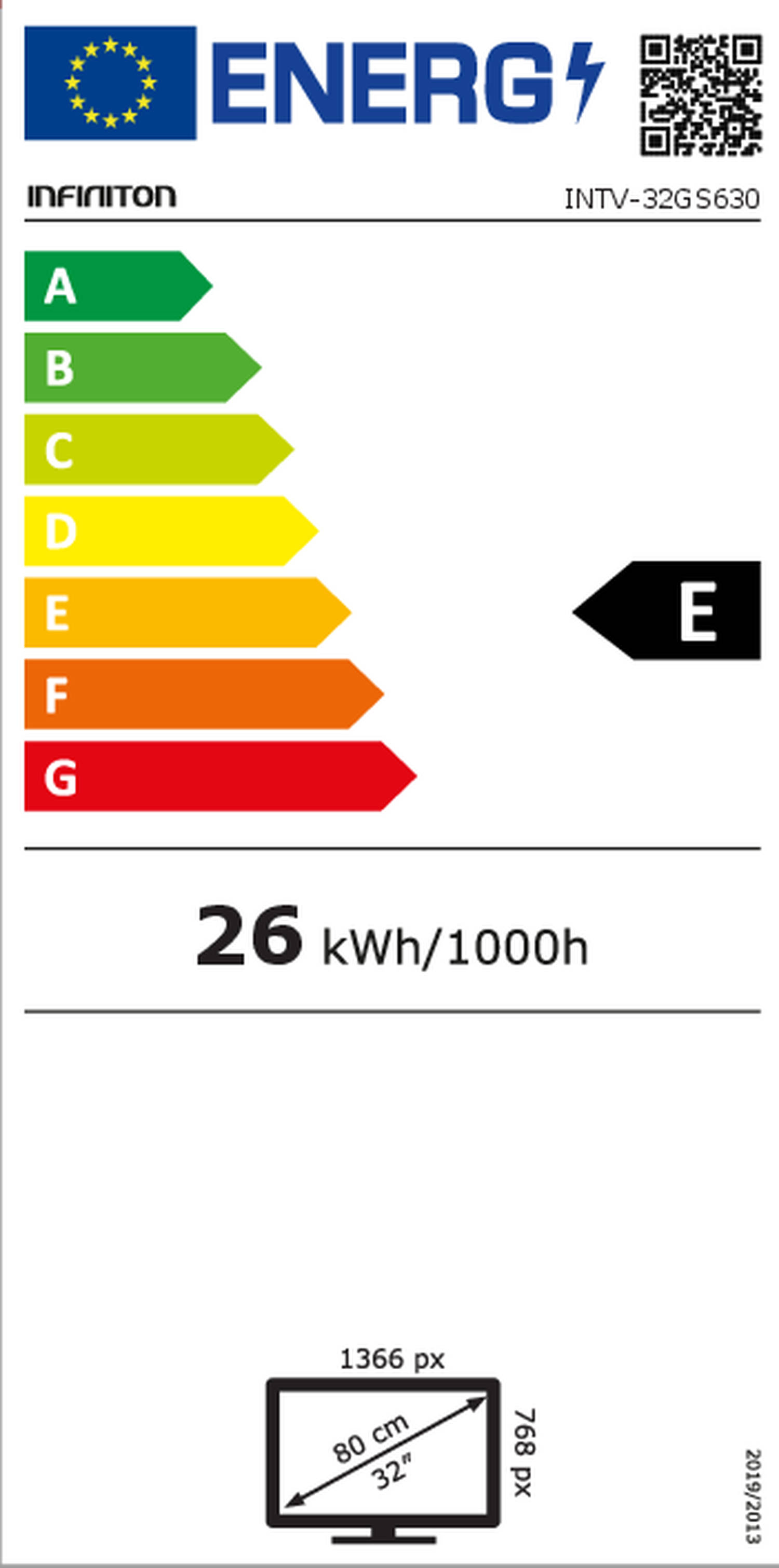 Etiqueta energética de TV Inifiton, muestra eficiencia E y datos de consumo.