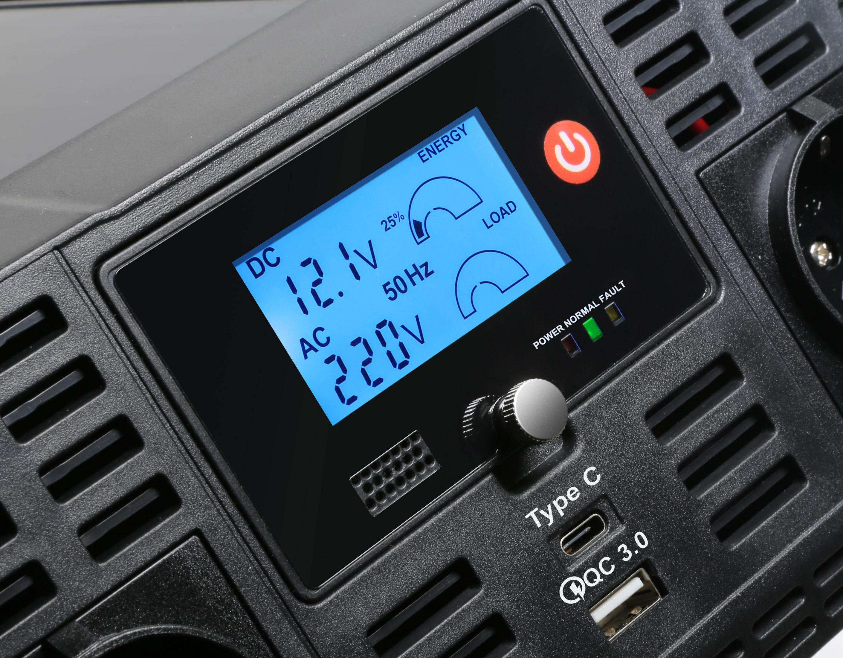 Czarny wyświetlacz elektrowni pokazujący napięcie, częstotliwość i inne informacje.