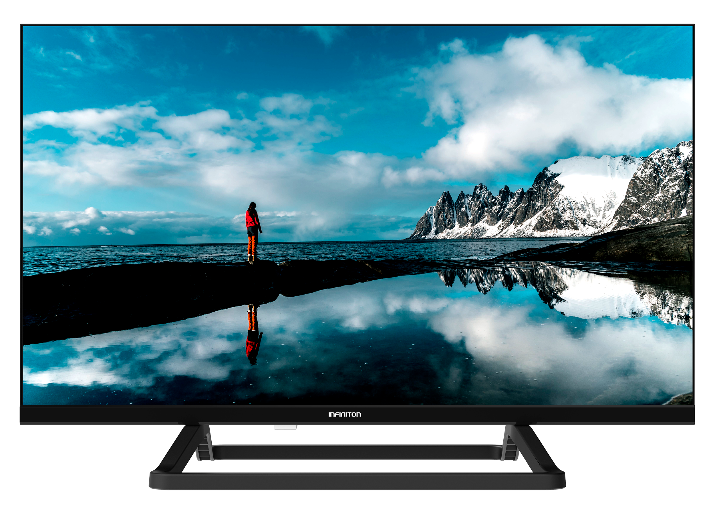 Televisor que muestra una vista panorámica. Una persona de pie, montañas en la distancia y cielo azul con nubes.