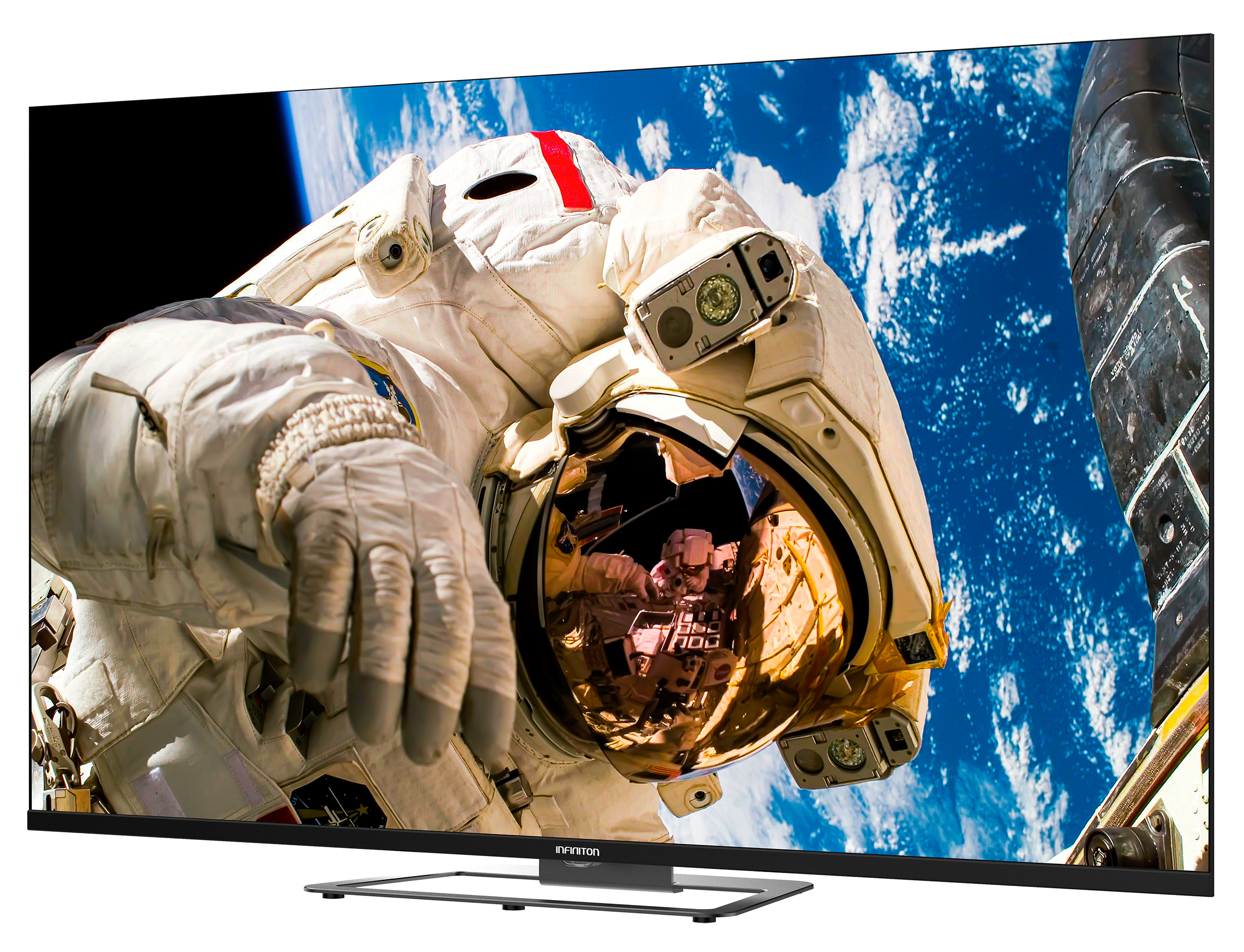 Pantalla de TV que muestra un astronauta en el espacio. El astronauta lleva un traje blanco. Fondo azul y negro.
