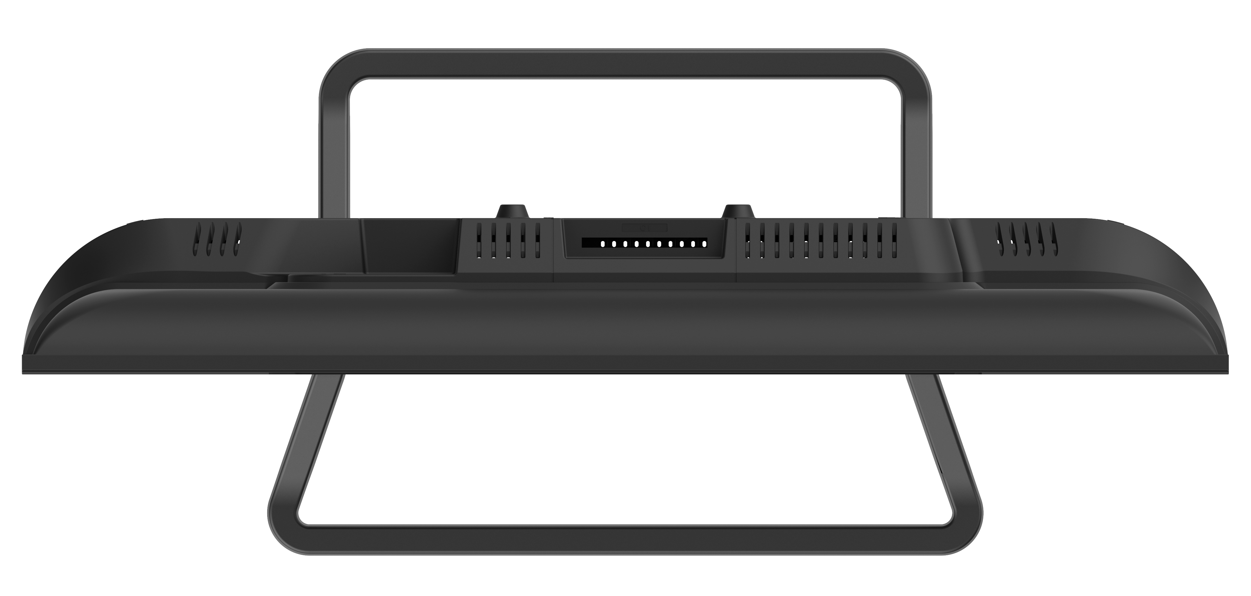 La parte trasera de un monitor negro con asa superior y puertos visibles.