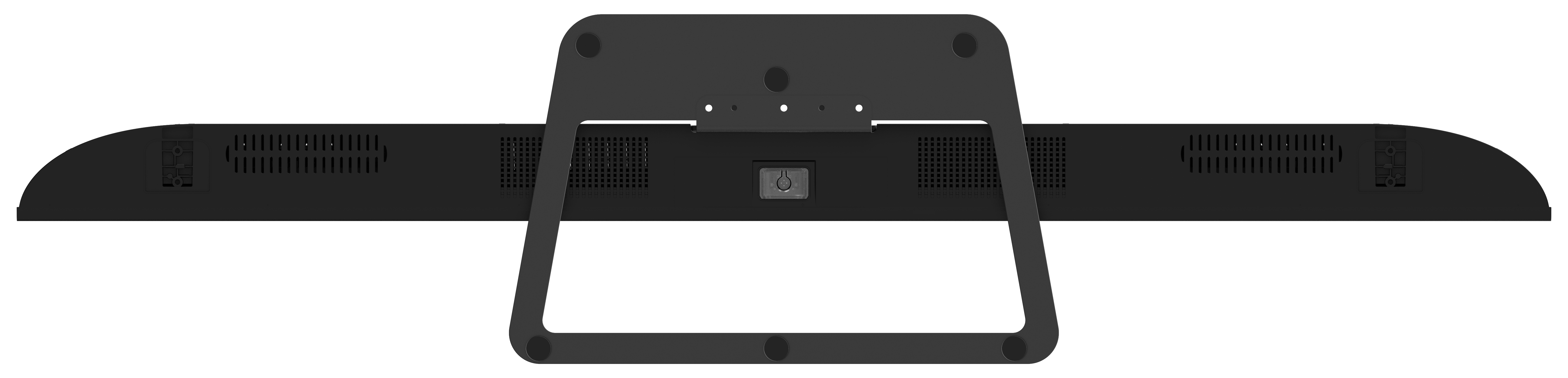 Barra de sonido negra. Tiene un diseño curvo con rejillas de altavoz y un soporte.