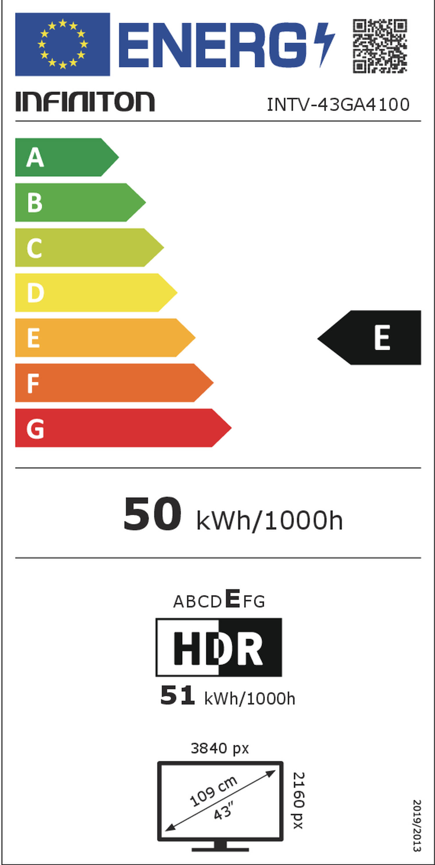 Etiqueta energética. Muestra la clasificación de eficiencia energética 'E' y otros detalles del producto.