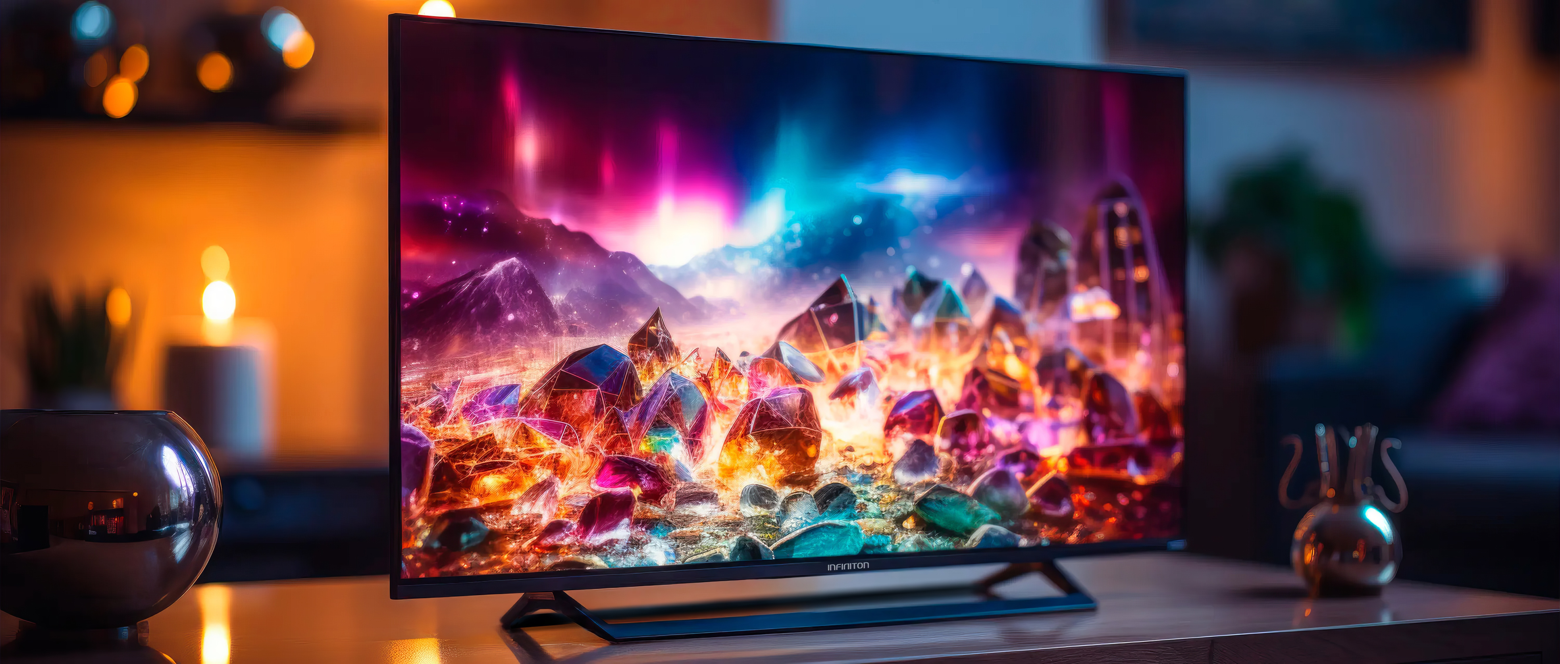 Un televisor de pantalla grande que muestra una imagen abstracta colorida.