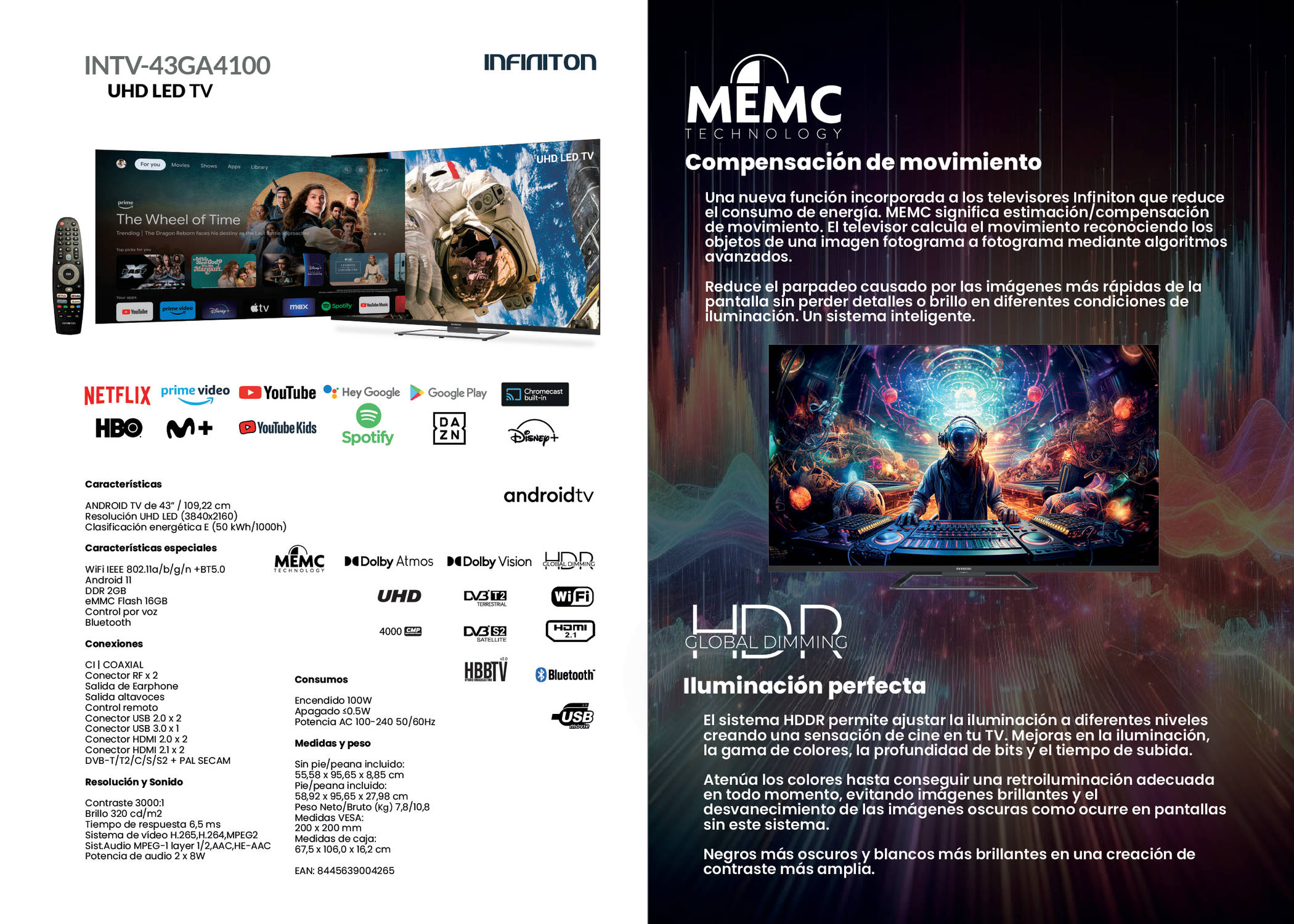 Folleto que muestra un televisor con imagen de astronauta. Texto sobre funciones: Netflix, YouTube, HDR y Android TV.