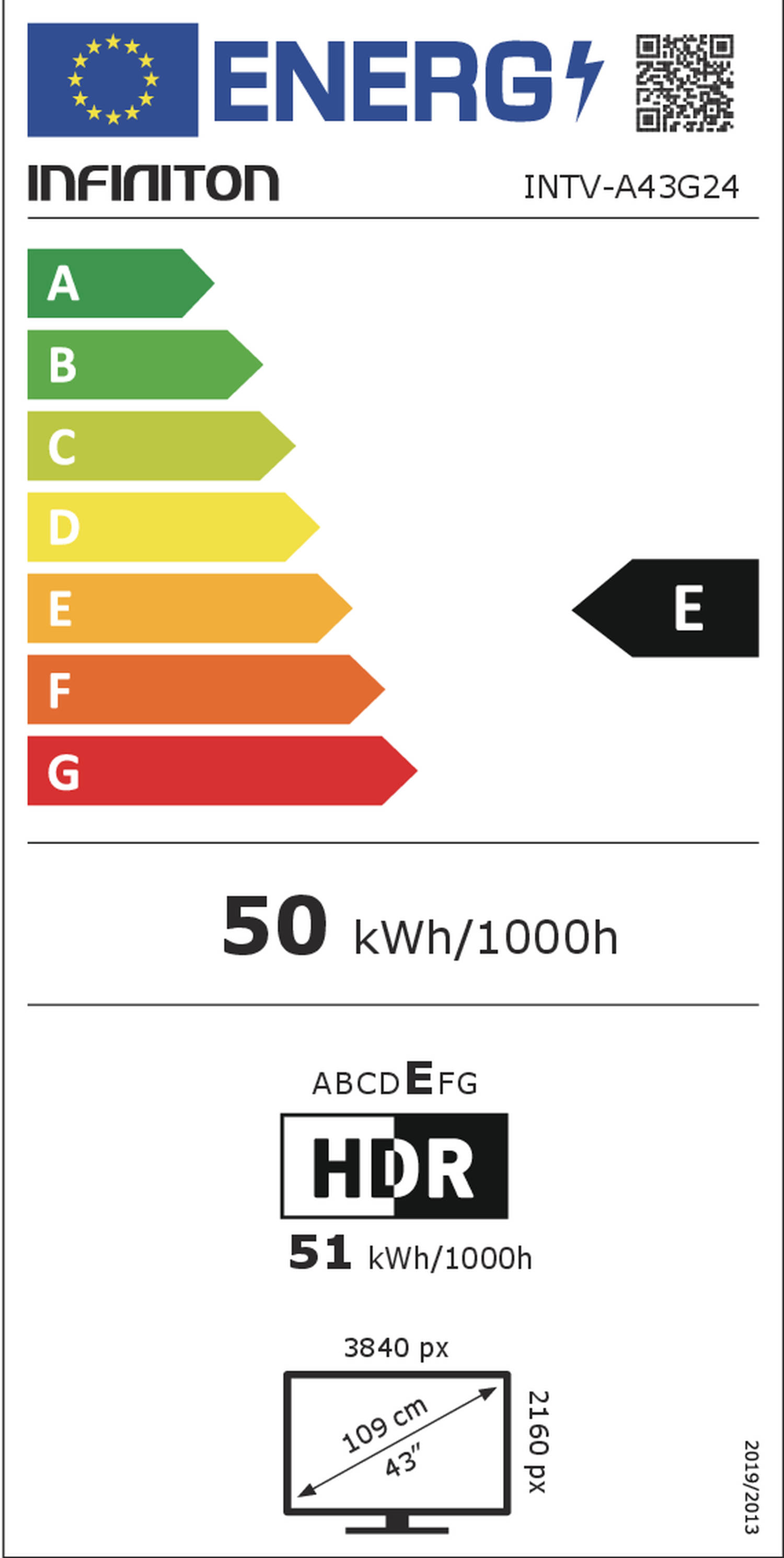 Una etiqueta energética para un televisor INFINITON, que muestra la clase E de eficiencia energética y otras especificaciones.