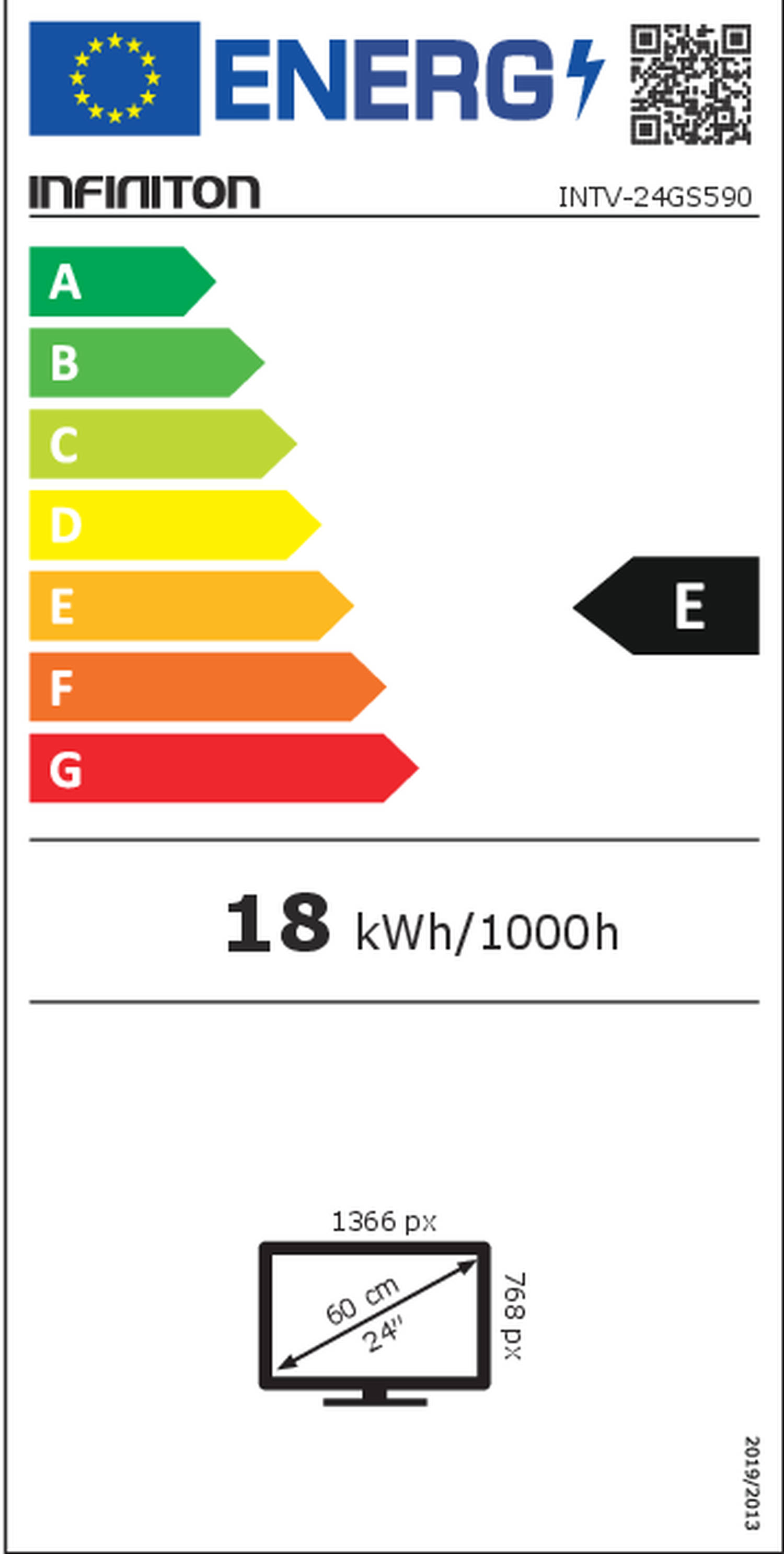Etiqueta energética de un televisor INFINITON de 24" con una clasificación de eficiencia energética E, sobre fondo negro.