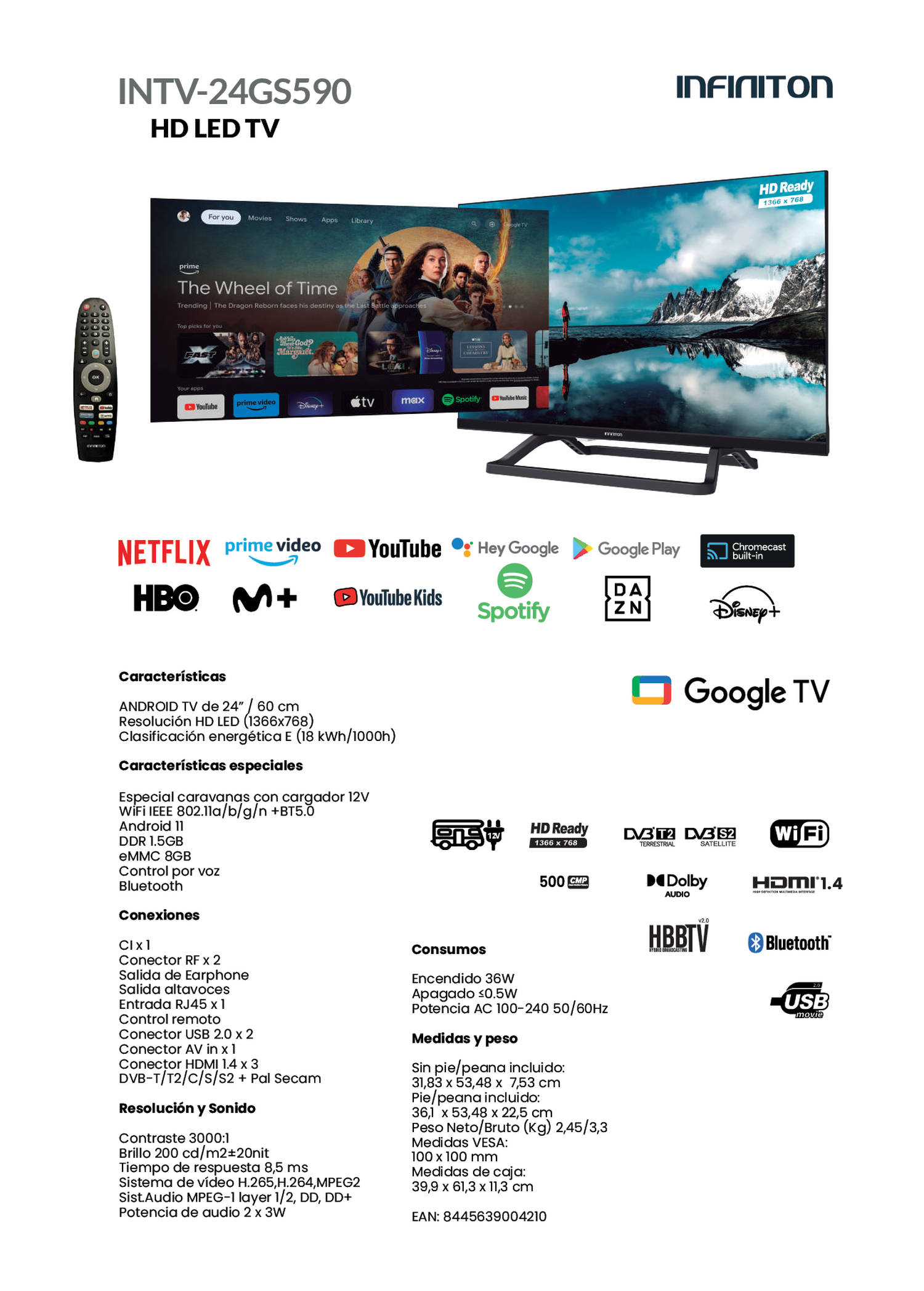Televisor de pantalla plana con un mando a distancia e iconos en la pantalla.