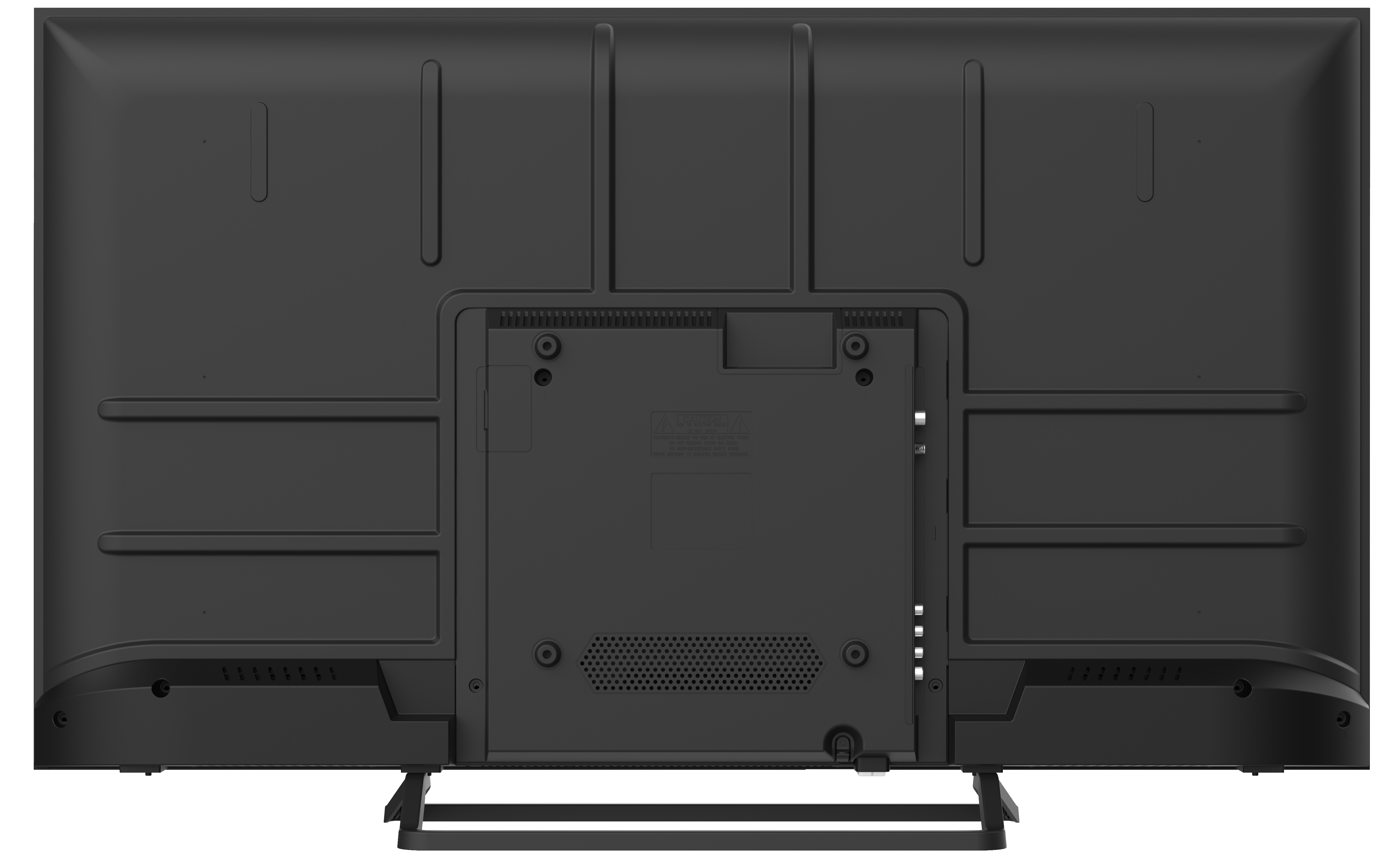 La parte trasera de un televisor negro. Tiene puertos y un panel central con un altavoz.