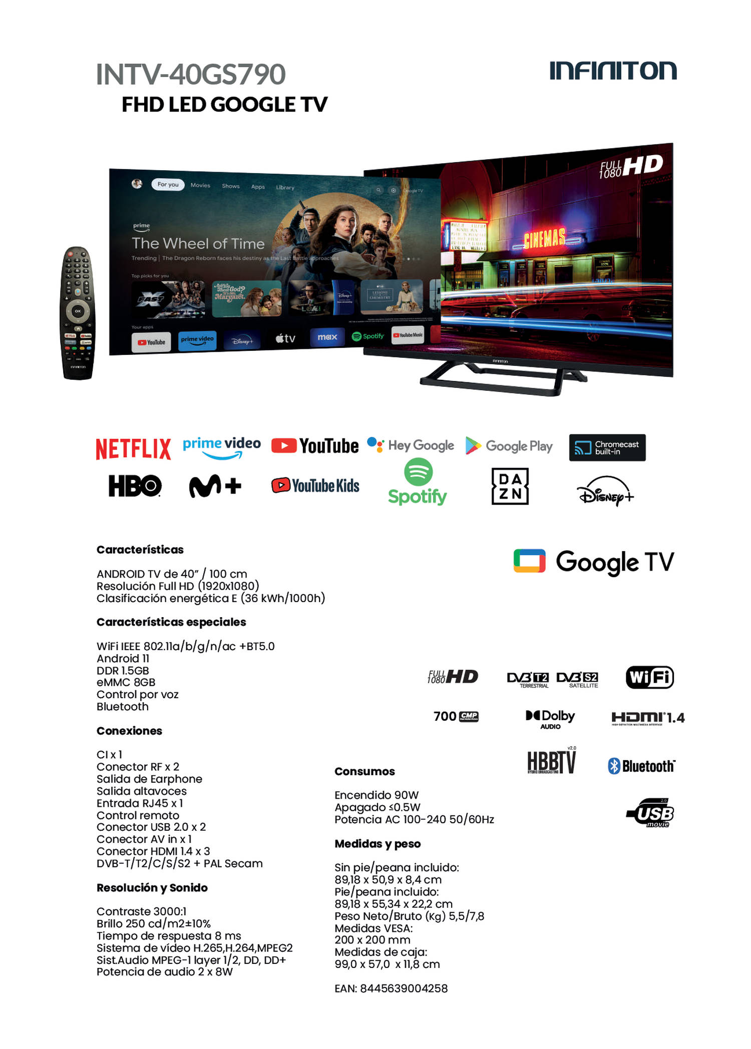 Pantalla de TV con logos y especificaciones, con un control remoto.