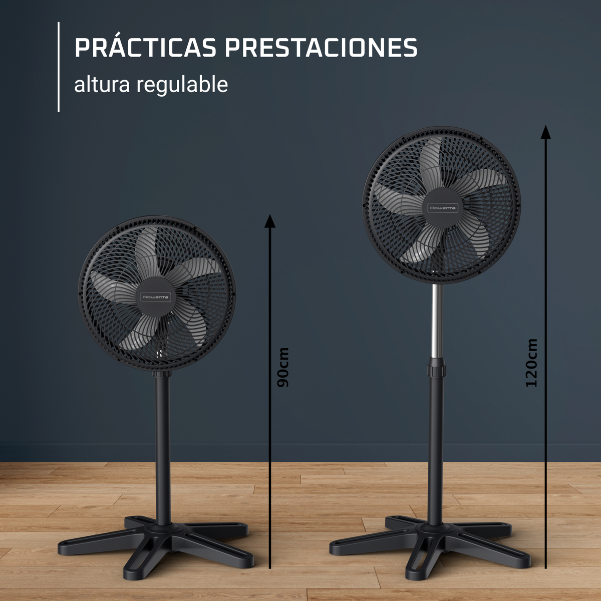 Dwa czarne wentylatory z regulowaną wysokością. Jeden wentylator jest wyższy od drugiego. Ciemne tło.