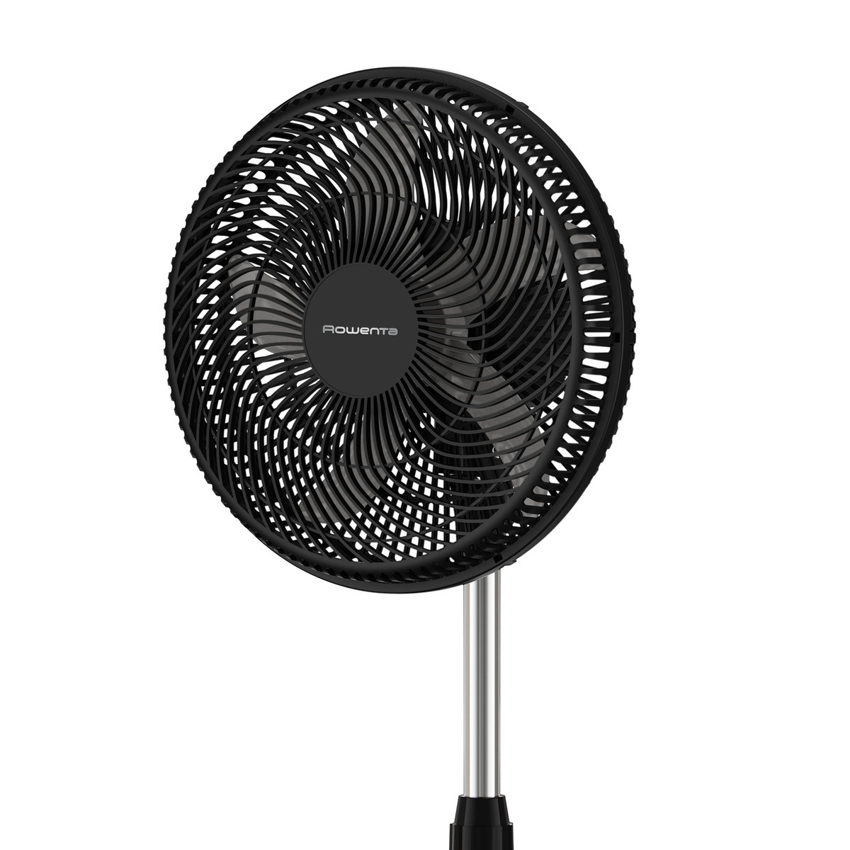 Czarny wentylator stojący Rowenta, z okrągłą głowicą i metalowym stojakiem.