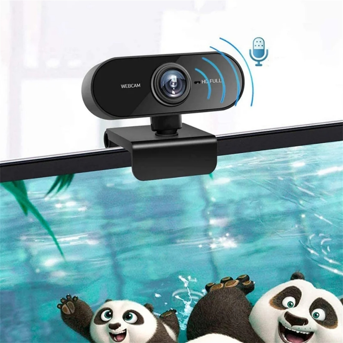 Eine schwarze Webcam an einem Monitor befestigt, mit Mikrofon-Symbol und Panda-Bildern.