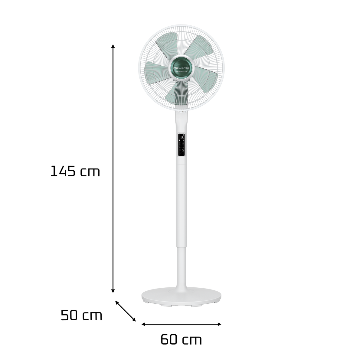 Ventilador de pie blanco con cabezal circular y etiquetas de medición, mostrando altura y ancho.