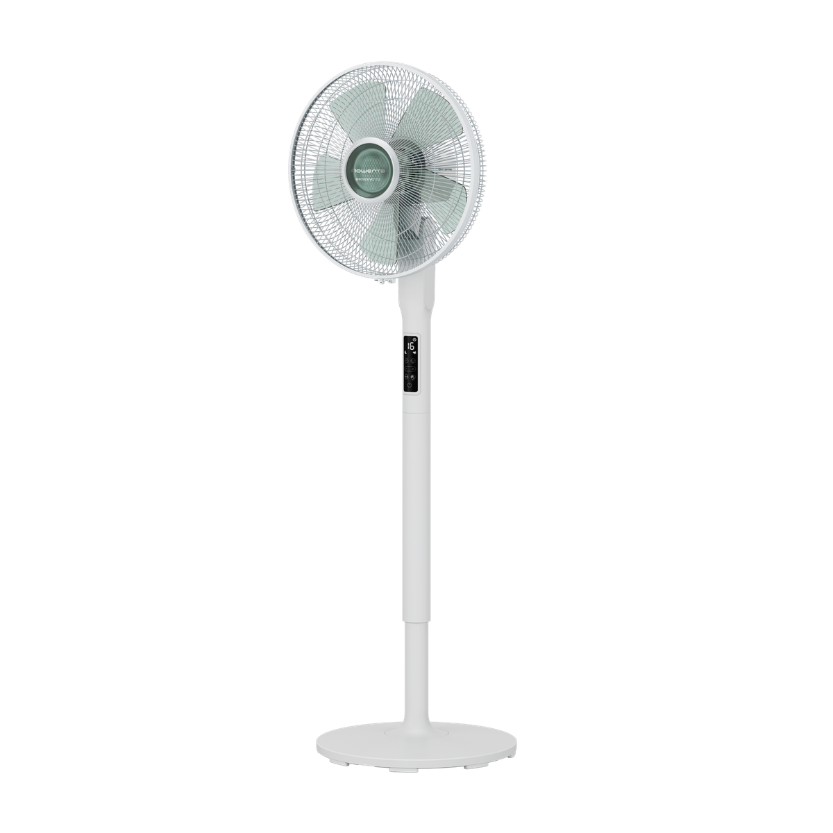Ventilador de pie blanco con rejilla verde. El ventilador tiene una pantalla digital y botones de control en el soporte.