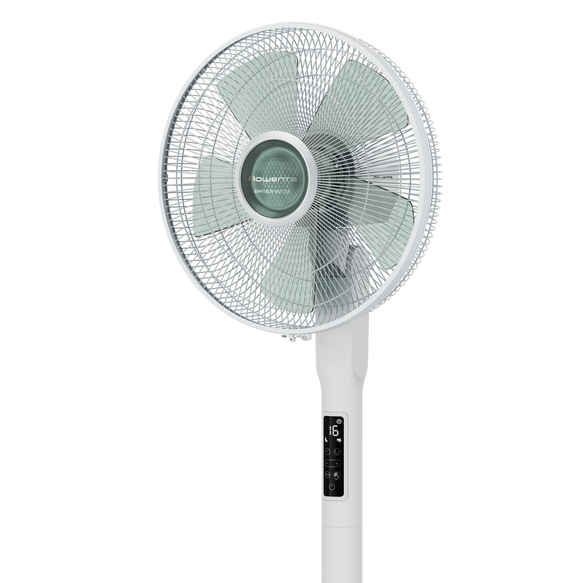 Ventilador de pie blanco con aspas verdes, panel de control y el número '16'.