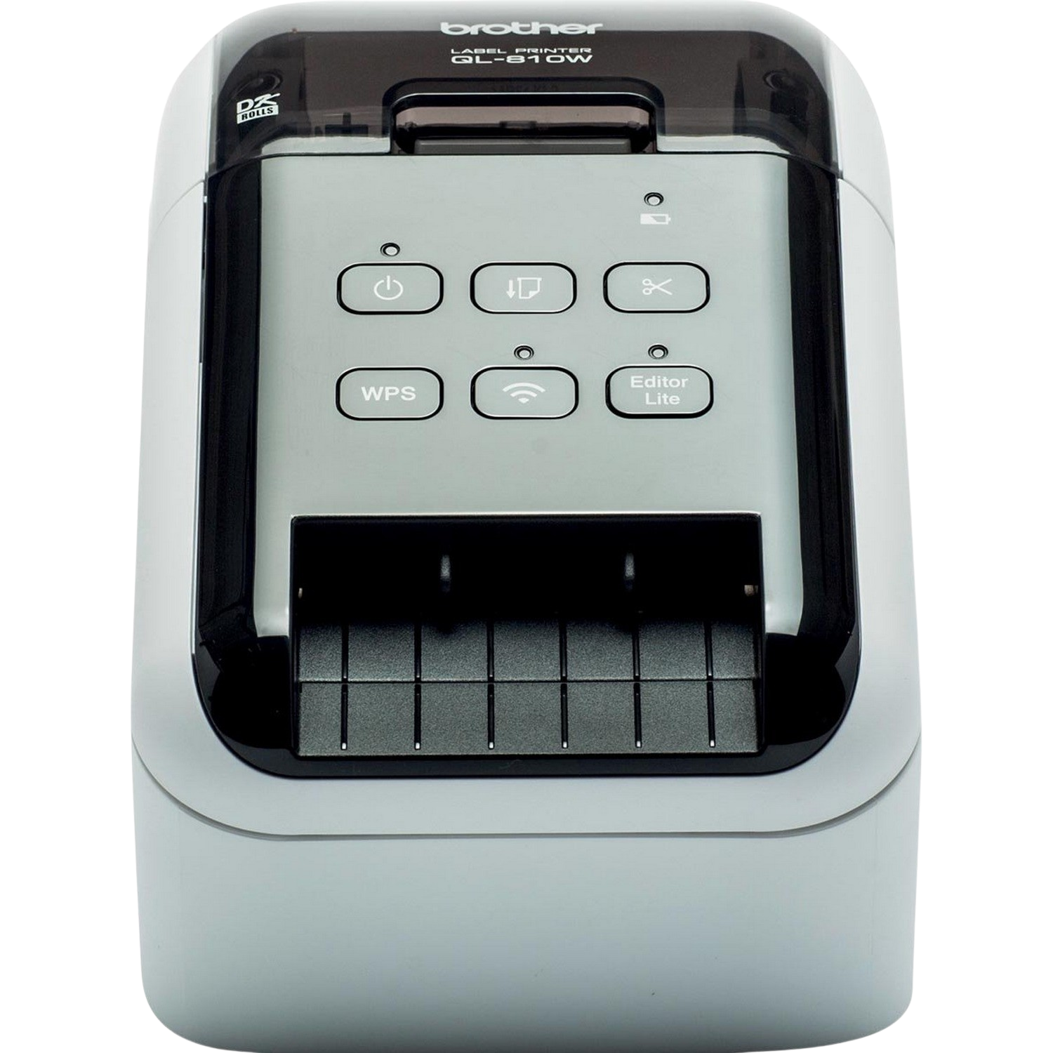 A label printer, white and black, with buttons and a small screen. The background is dark.