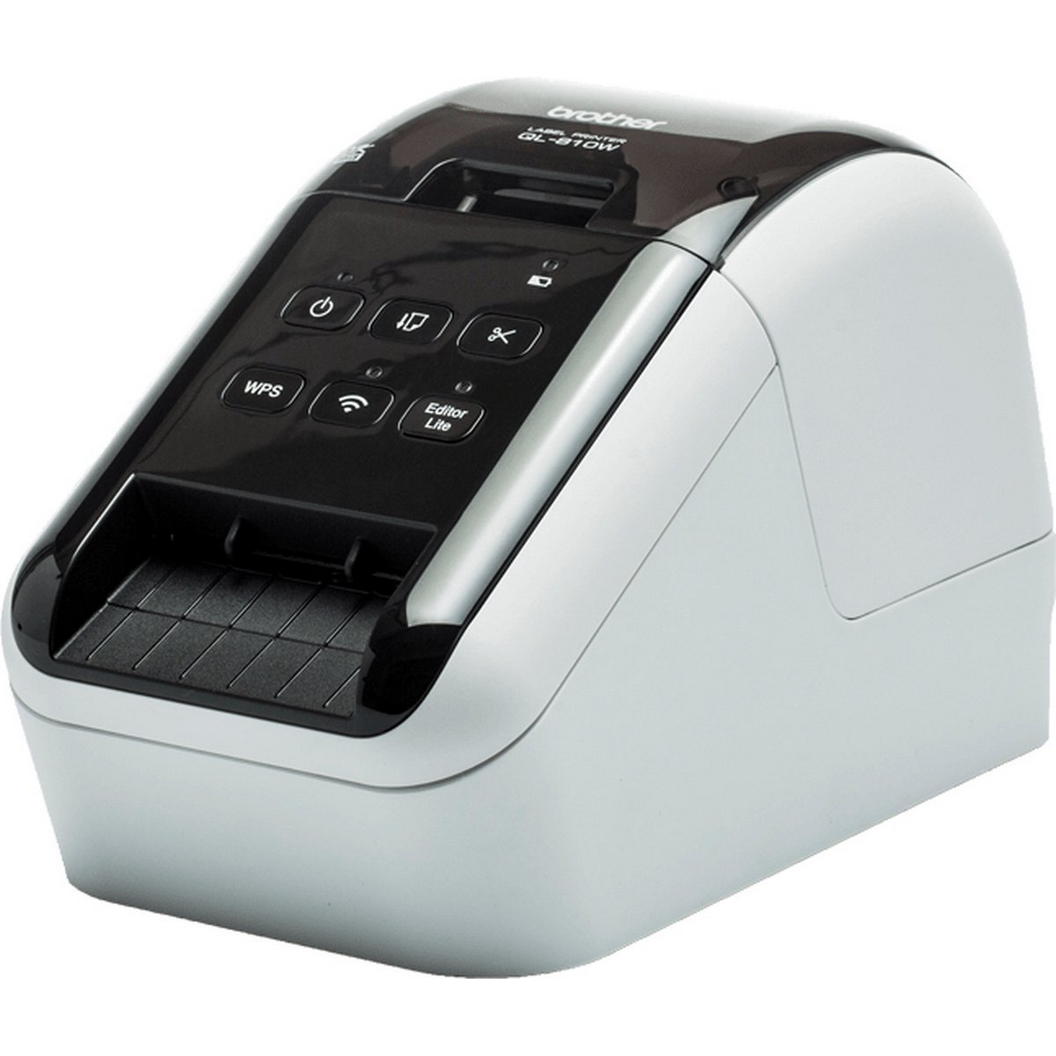 Label printer. White and black with buttons on top. Angled view from the right.