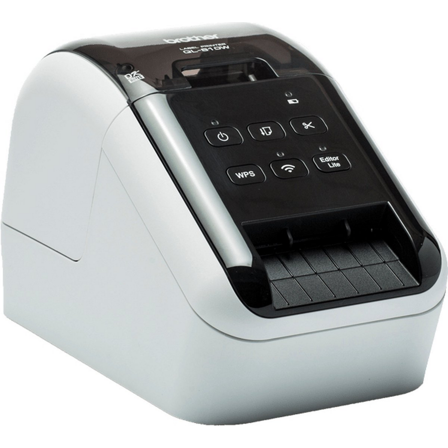 Label printer. White and black with buttons on top. Angled view from the left.