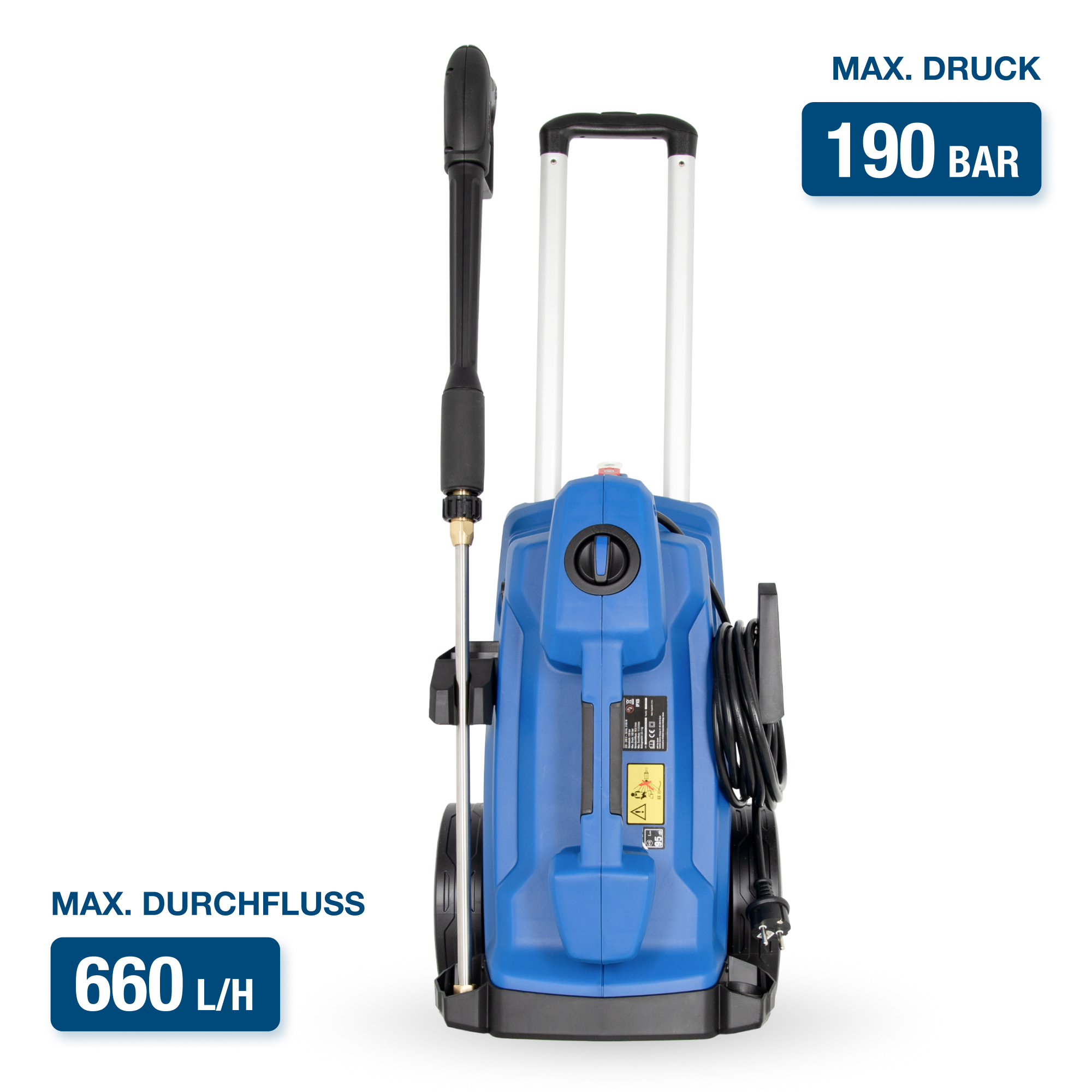 Ein blauer Hochdruckreiniger mit schwarzem Griff und Schlauch. Text lautet MAX. DRUCK 190 BAR.