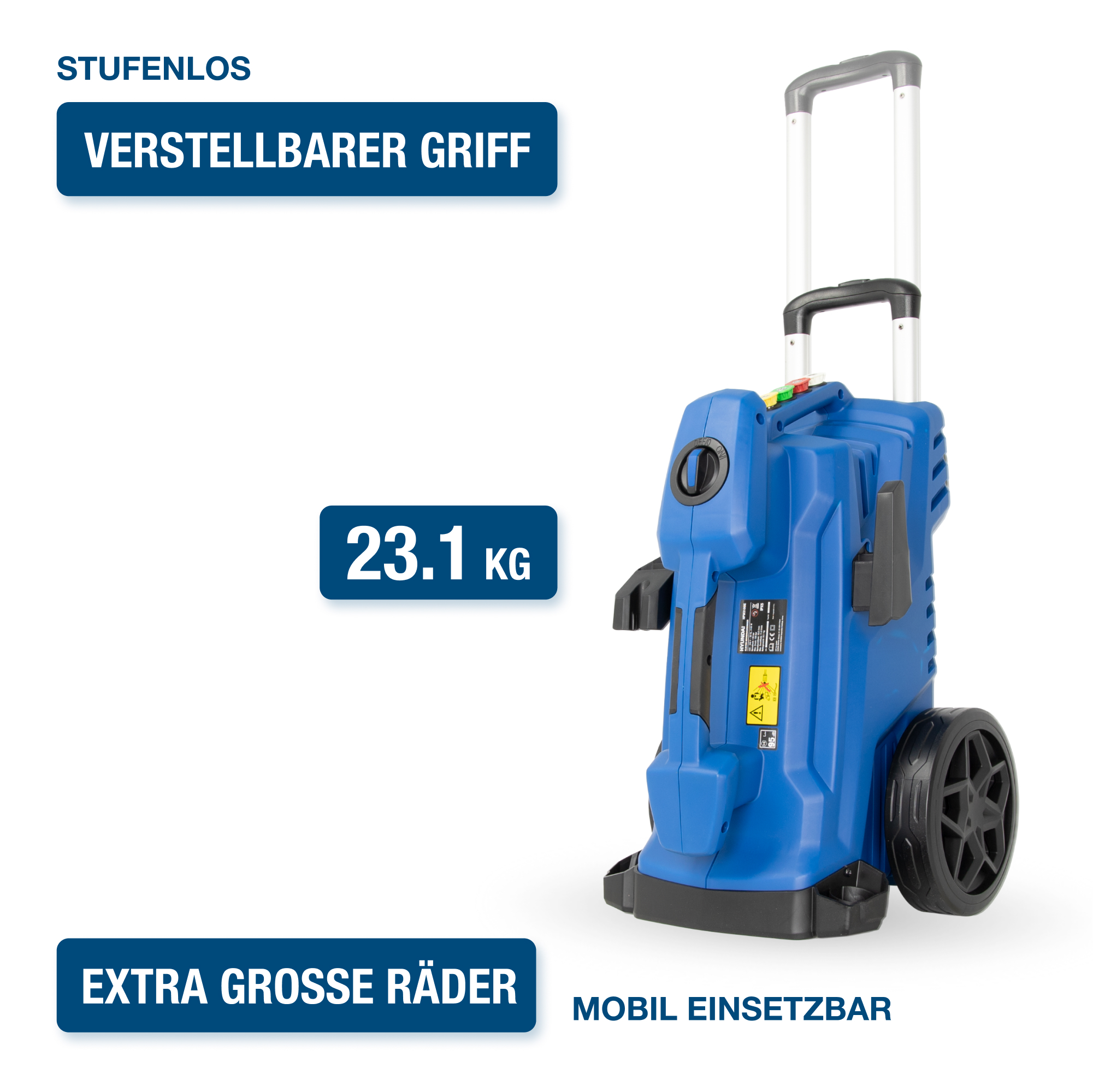 Blauer Hochdruckreiniger mit Griff und Rädern. Text links und ein Gewicht von 23,1 kg.