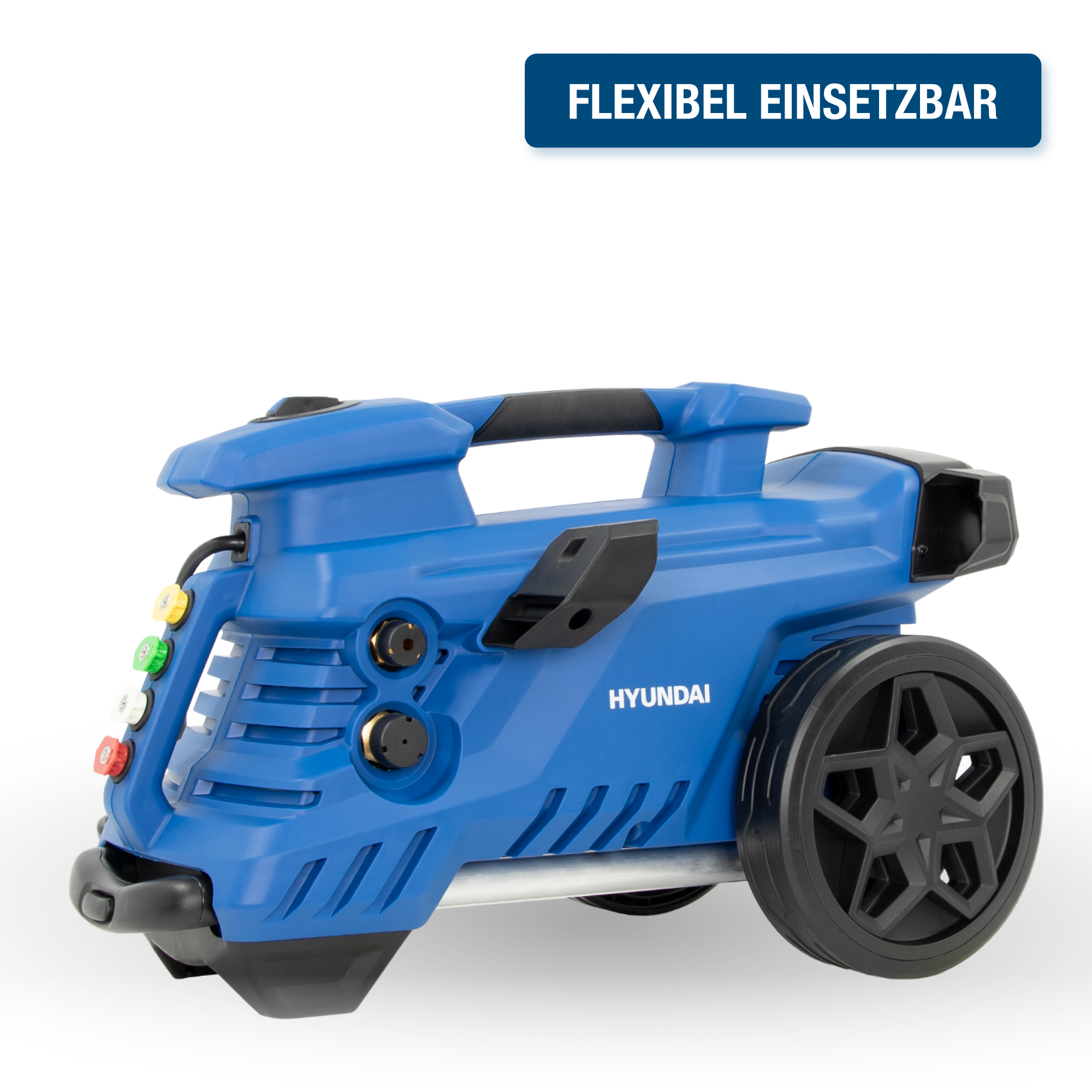 Blauer Hyundai Hochdruckreiniger mit schwarzen Rädern und mehreren Düsen.