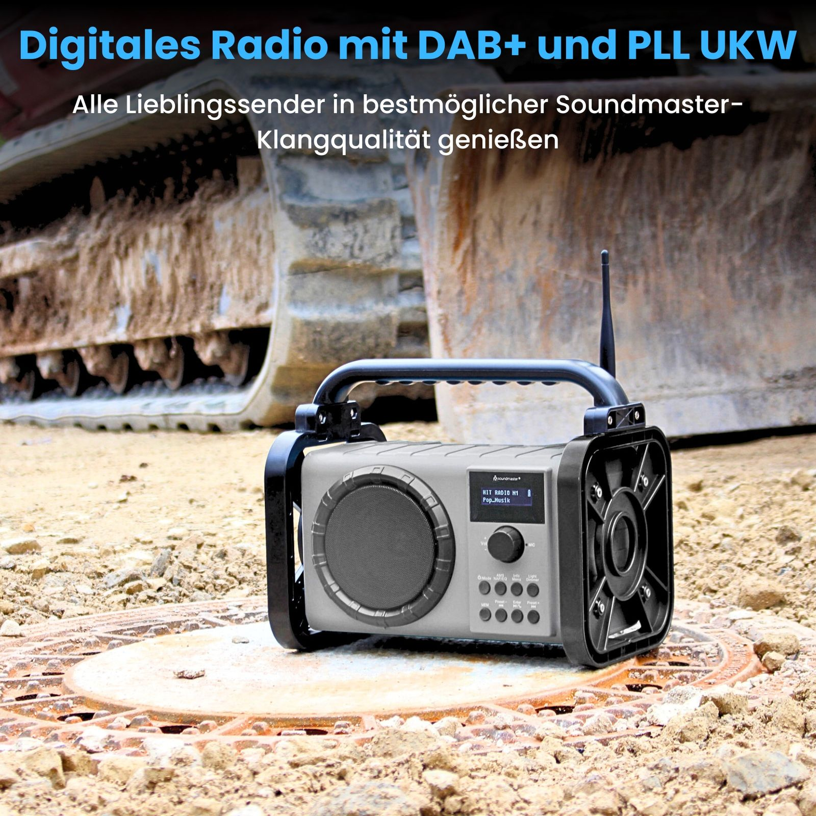 Ein Digitalradio mit Griff und Antenne auf einer Metalloberfläche. Das Radio ist grau und schwarz.