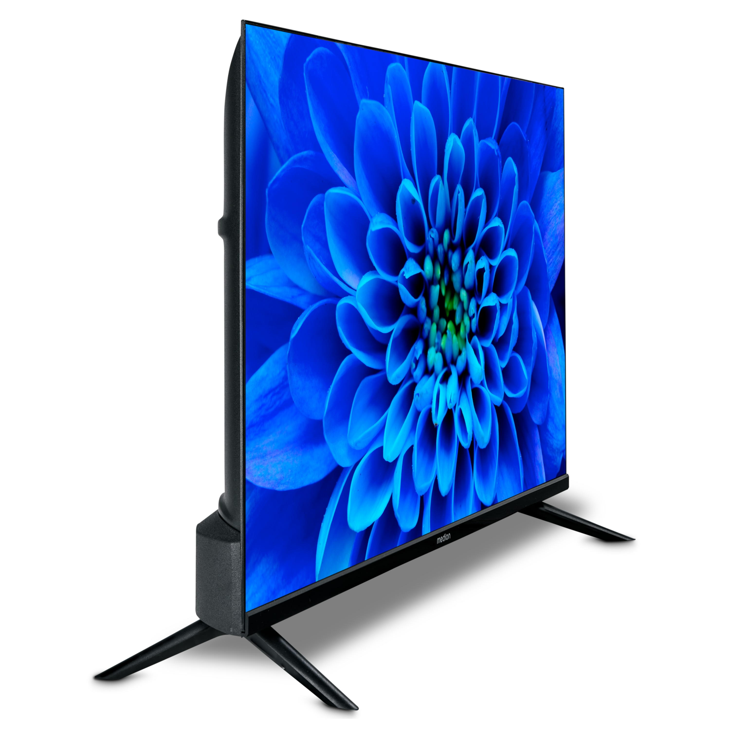 Een tv-scherm toont een blauwe bloemenafbeelding. De tv is zwart en heeft twee poten.