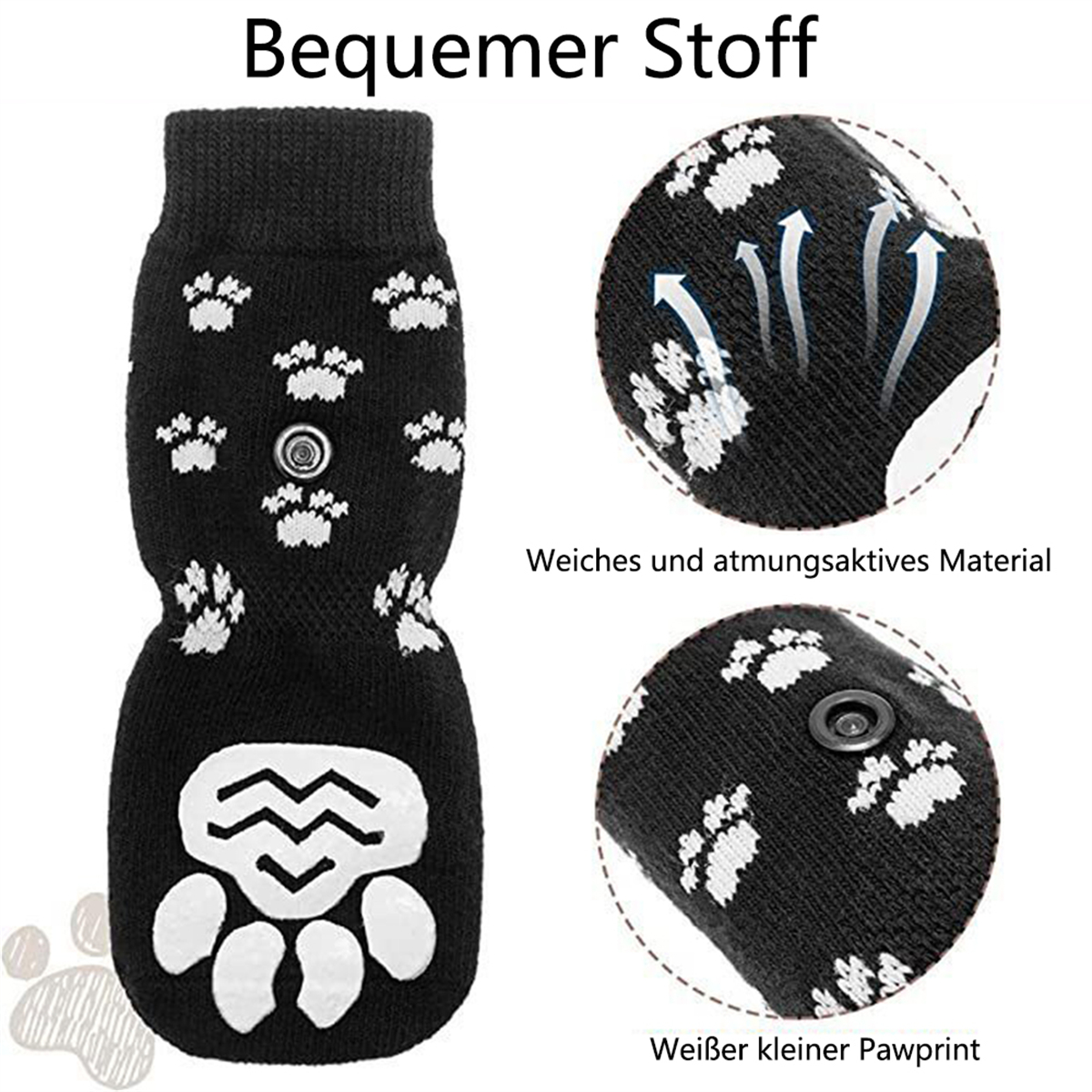 Schwarze Hundesocken mit weißen Pfotenabdrücken und Nahaufnahme von Pfotenabdruckdetails.