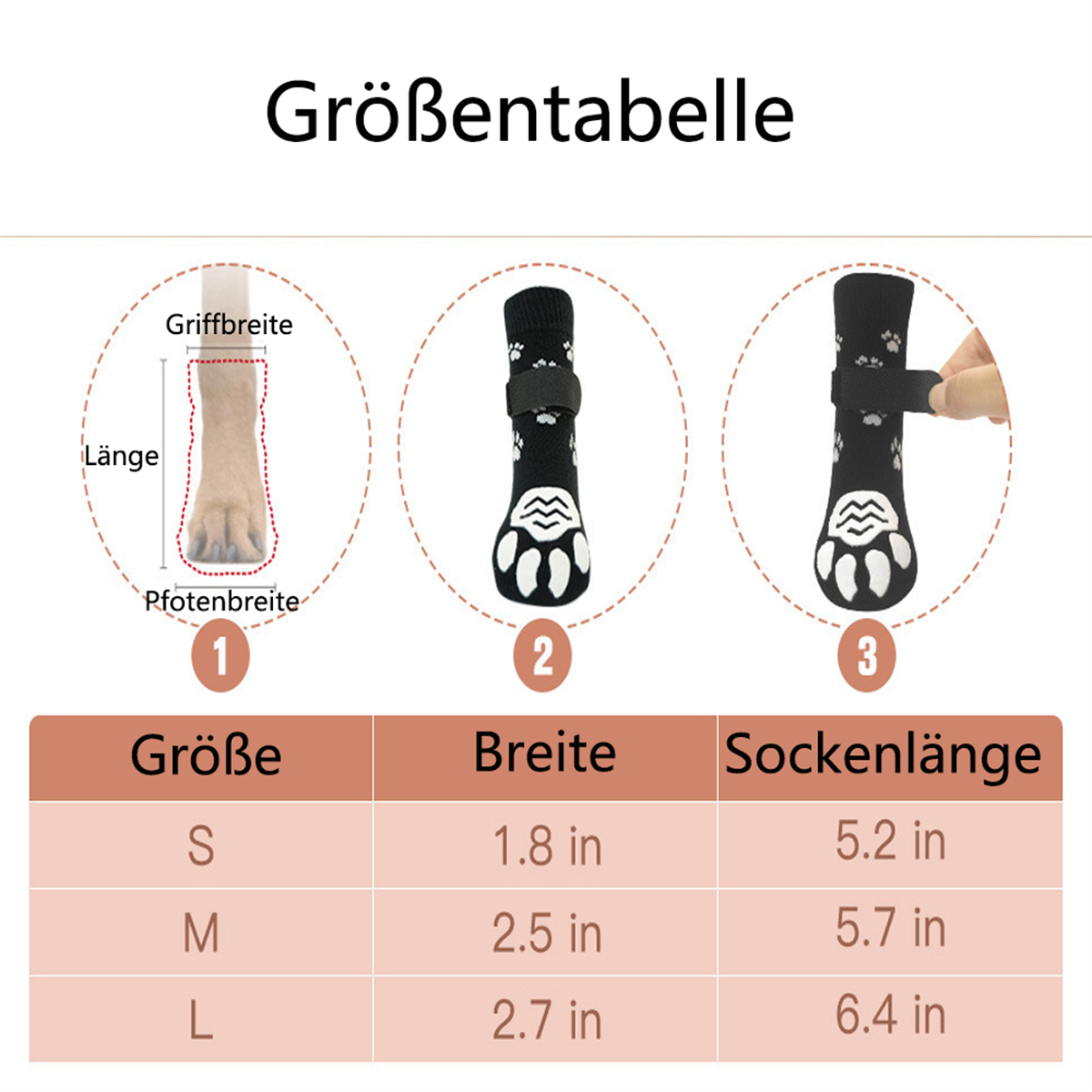 Größenübersicht für Hundesocken: Diagramme und Maße von Socken und Pfoten, mit Größen-, Breiten- und Längendetails.