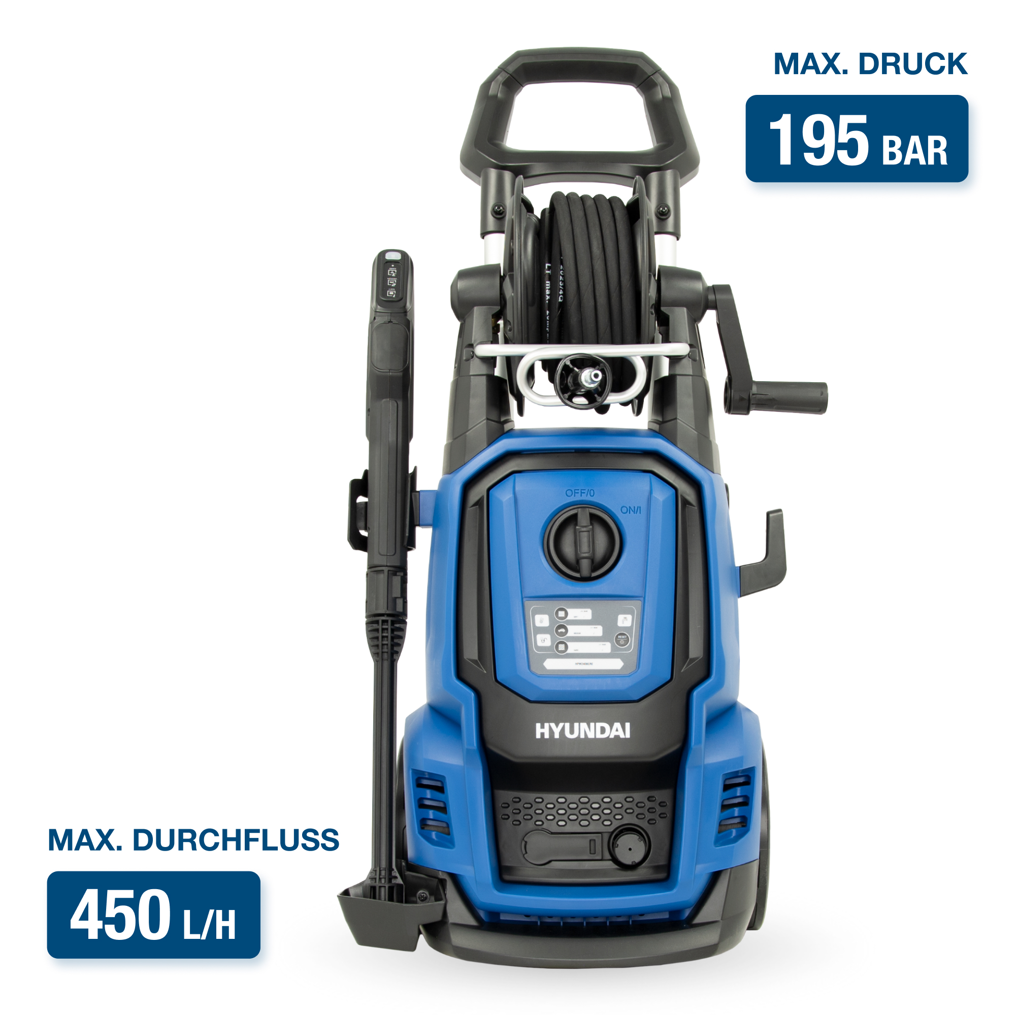 Ein blau-schwarzer Hyundai Hochdruckreiniger mit Text, der max. Druck 195 bar und Durchfluss 450 L/H anzeigt.
