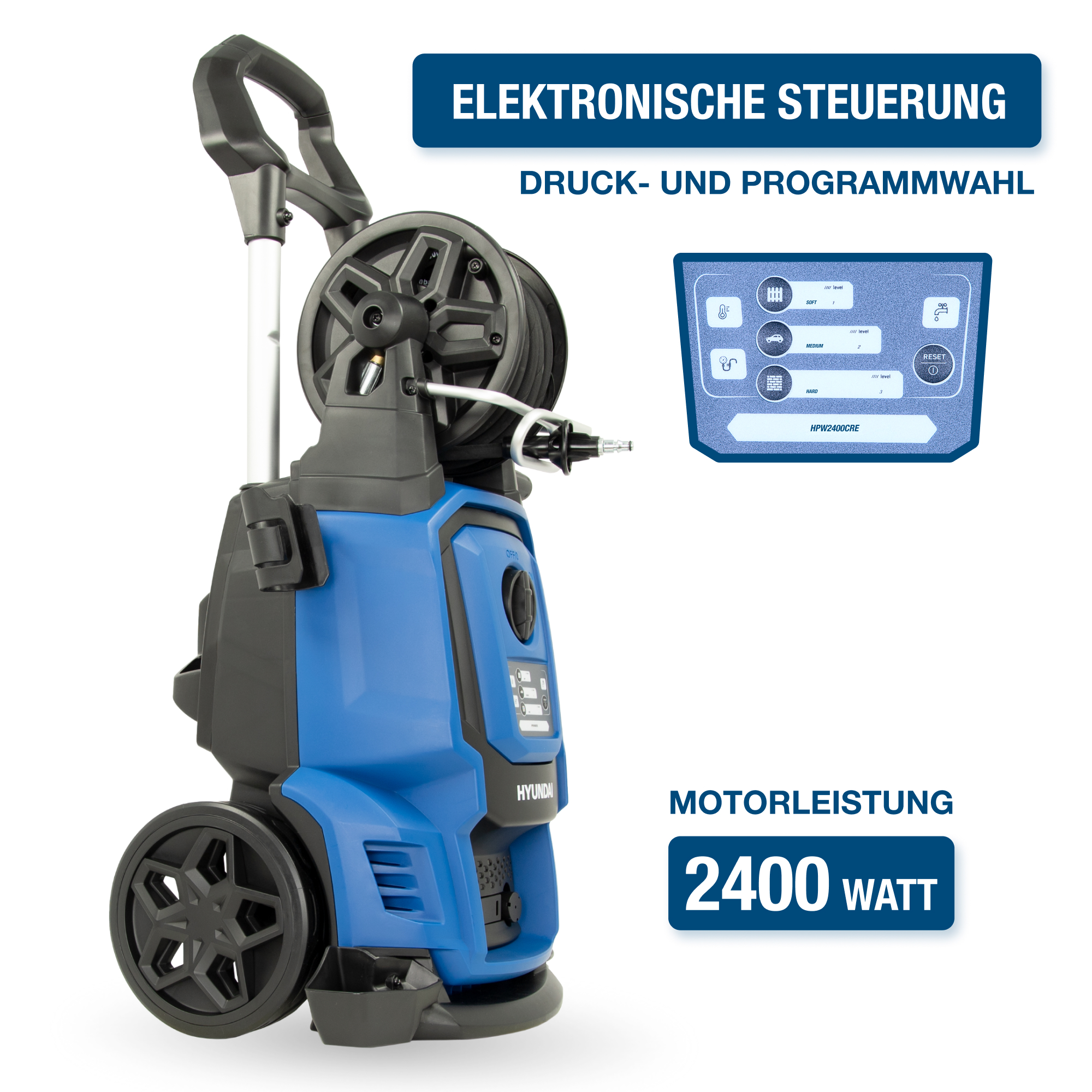 Blau-schwarzer Hochdruckreiniger mit Bedienfeld, Text: Elektronische Steuerung, 2400 Watt Motorleistung.