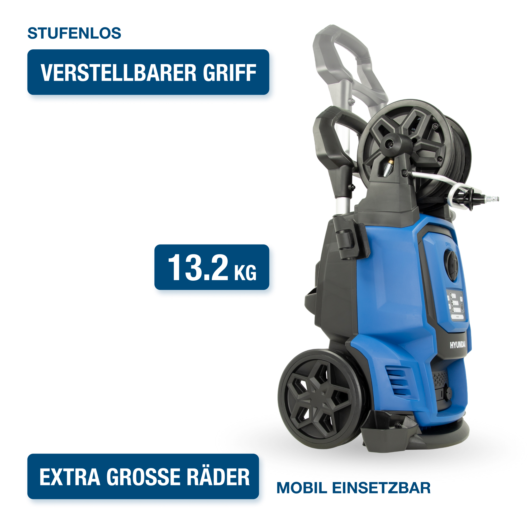 Blauer Hochdruckreiniger mit schwarzen Rädern, verstellbarem Griff und Textbeschriftungen auf weißem Hintergrund.