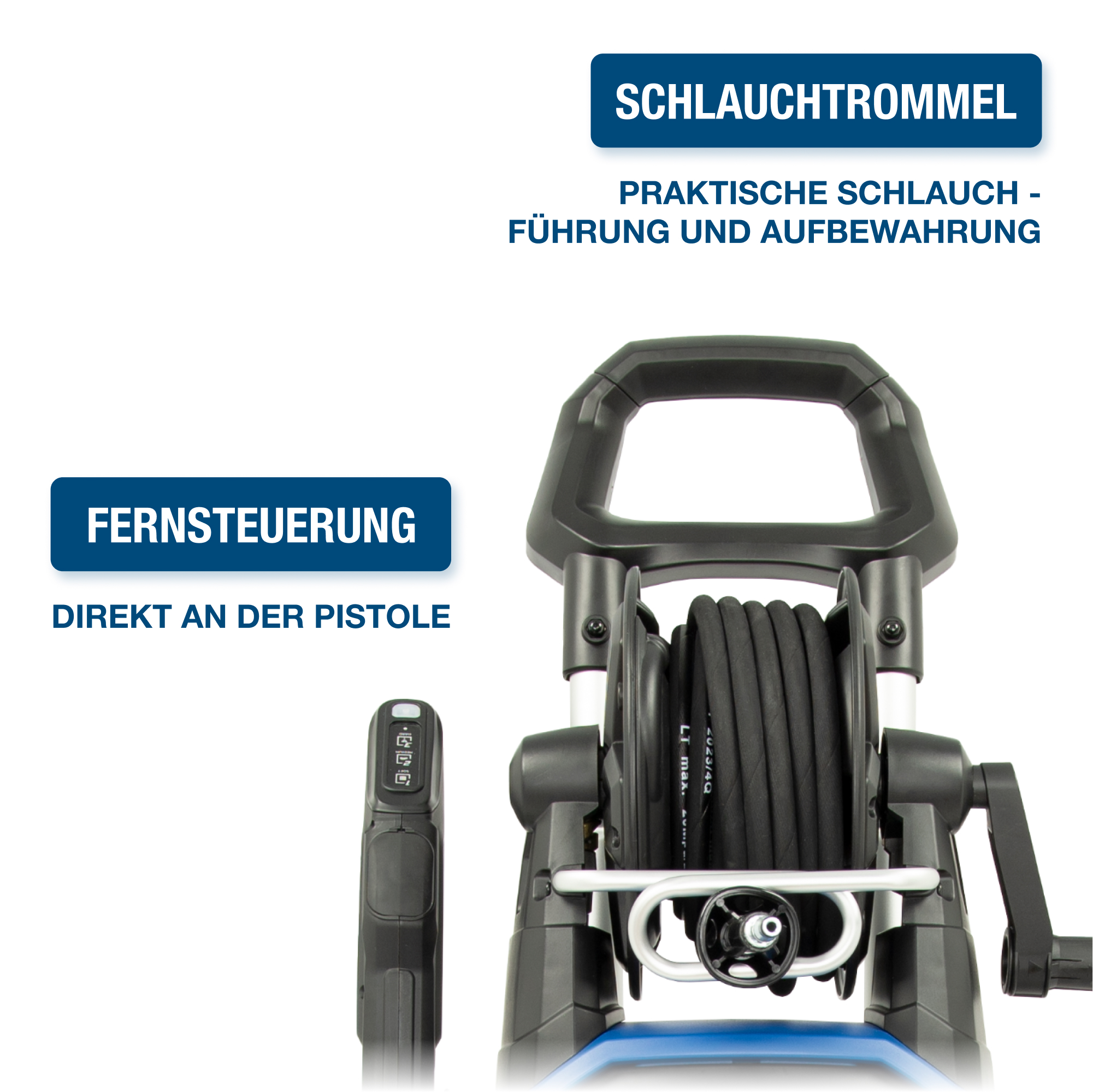 Hochdruckreiniger mit Schlauchtrommel und Fernbedienung, mit Text, der die Produkteigenschaften beschreibt.